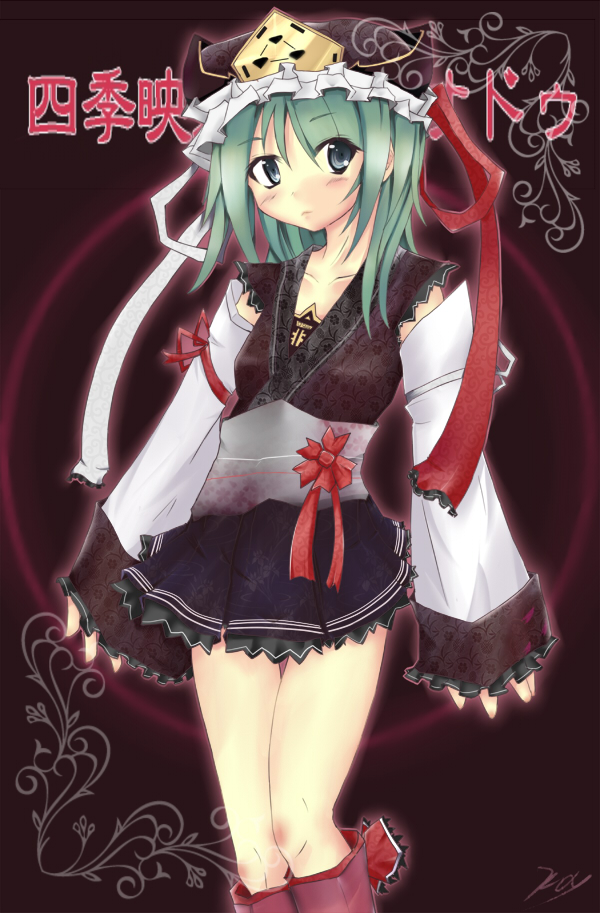 amai nekuta, sawabi kei, shiki eiki, touhou, 1girl, blue eyes, character name, detached sleeves, female focus, green hair, hat, japanese clothes, obi, sash, solo, thighs