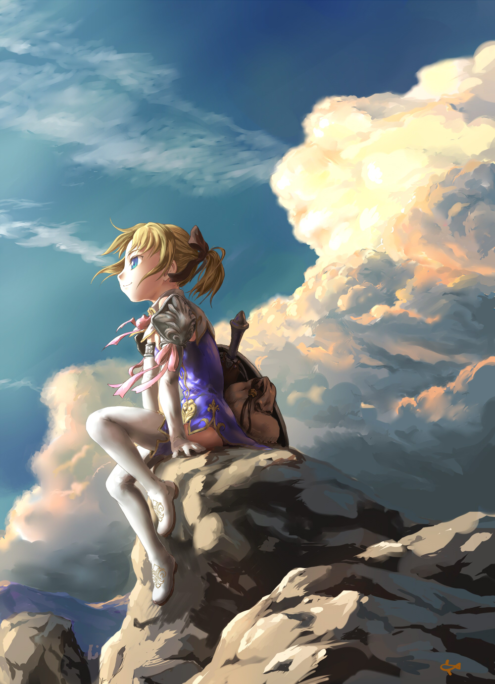 yasu sakana, cassandra alexandra, soul calibur, soulcalibur, soulcalibur ii, soulcalibur iii, soulcalibur iv, highres, 1girl, armor, blonde hair, blue eyes, boots, cloud, elbow gloves, female focus, gloves, hair ribbon, legs, ponytail, ribbon, shield, short hair, sitting, smile, solo, sword, thighhighs, weapon, wind