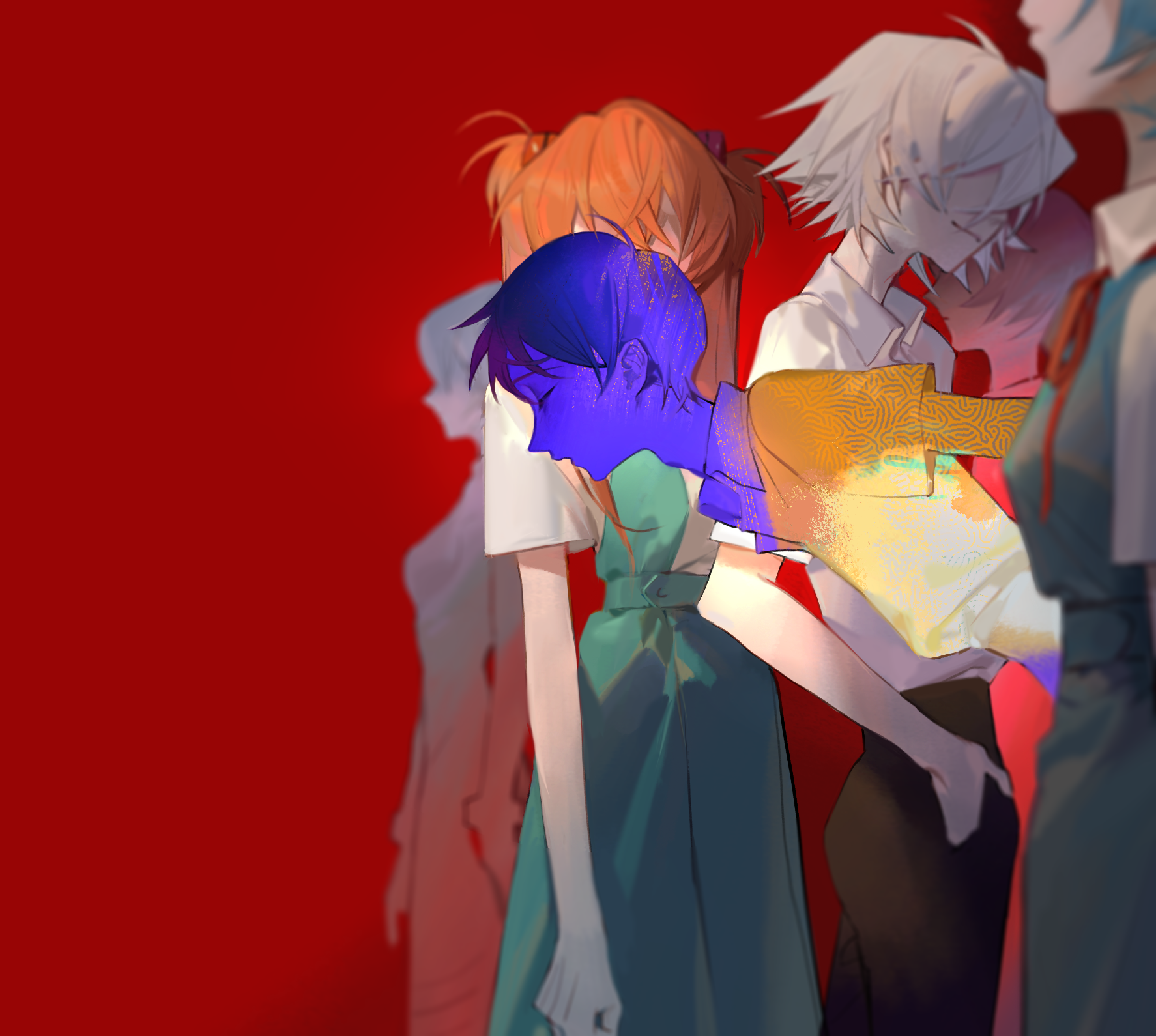 lin09, ayanami rei, ikari shinji, nagisa kaworu, souryuu asuka langley, neon genesis evangelion, chinese commentary, commentary request, highres, 2boys, 4girls, aqua dress, black pants, blue hair, clone, closed eyes, closed mouth, covered face, dress, grey hair, hand in pocket, long hair, mecha pilot suit, multiple boys, multiple girls, neck ribbon, orange hair, pants, pinafore dress, plugsuit (evangelion), red background, red ribbon, ribbon, school uniform, shirt, short hair, short sleeves, simple background, sleeveless, sleeveless dress, tokyo-3 middle school uniform, white shirt