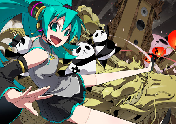 gun zi (i&eyes), hatsune miku, project diva, project diva (series), vocaloid, 1girl, aqua eyes, aqua hair, blouse, china dress, chinese clothes, detached sleeves, dragon, dress, female focus, grey shirt, headset, lolita fashion, miniskirt, panda, qi lolita, shirt, skirt, solo, thighhighs, zettai ryouiki