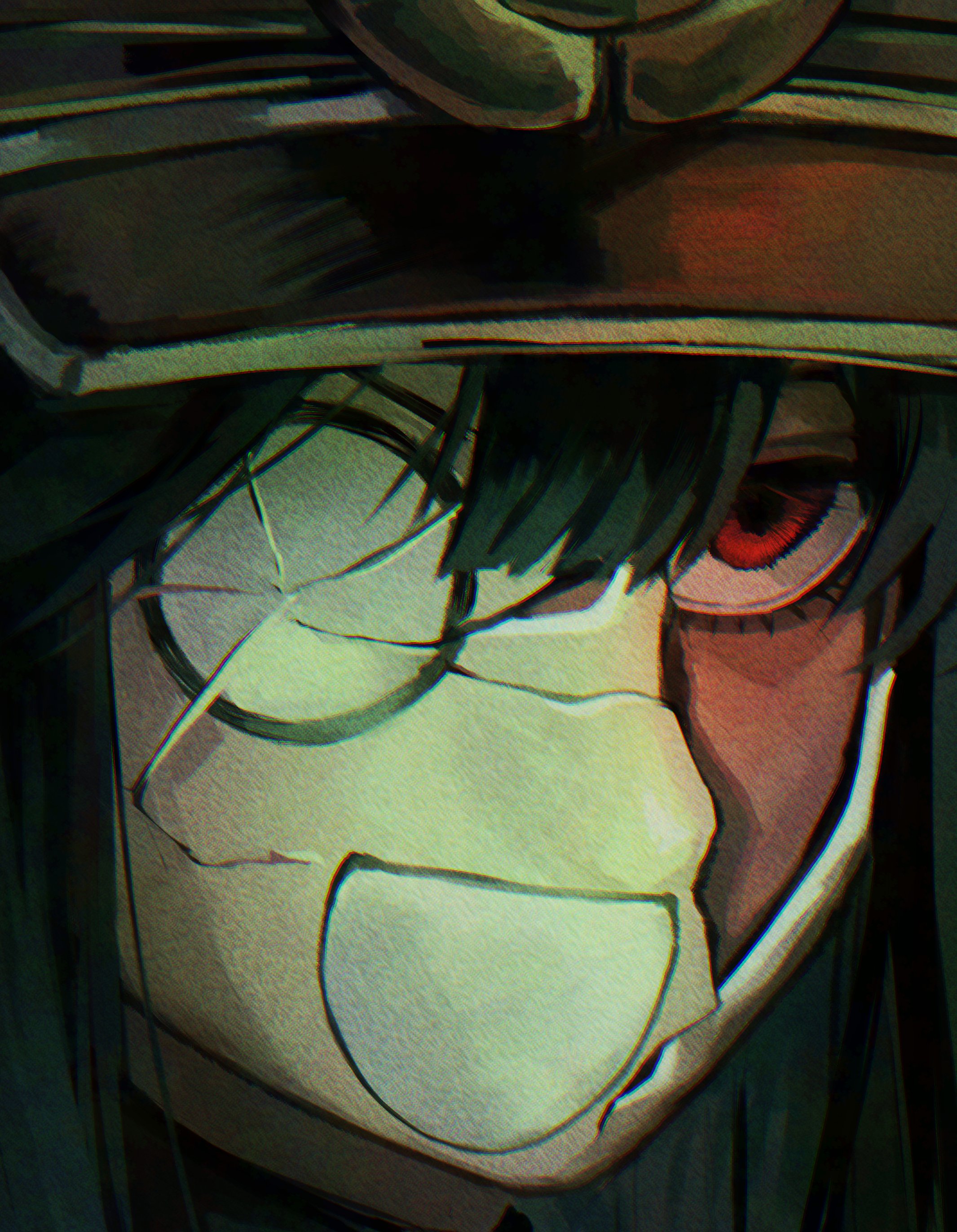 boureisakura, mini nobu (fate), oda nobunaga (fate), oda nobunaga (koha-ace), fate/grand order, fate (series), koha-ace, absurdres, highres, 1girl, black hair, cracked kawaii mask, cracked mask, hat, keikenchi (style), medallion, military hat, o o, open mouth, peaked cap, red eyes, solo