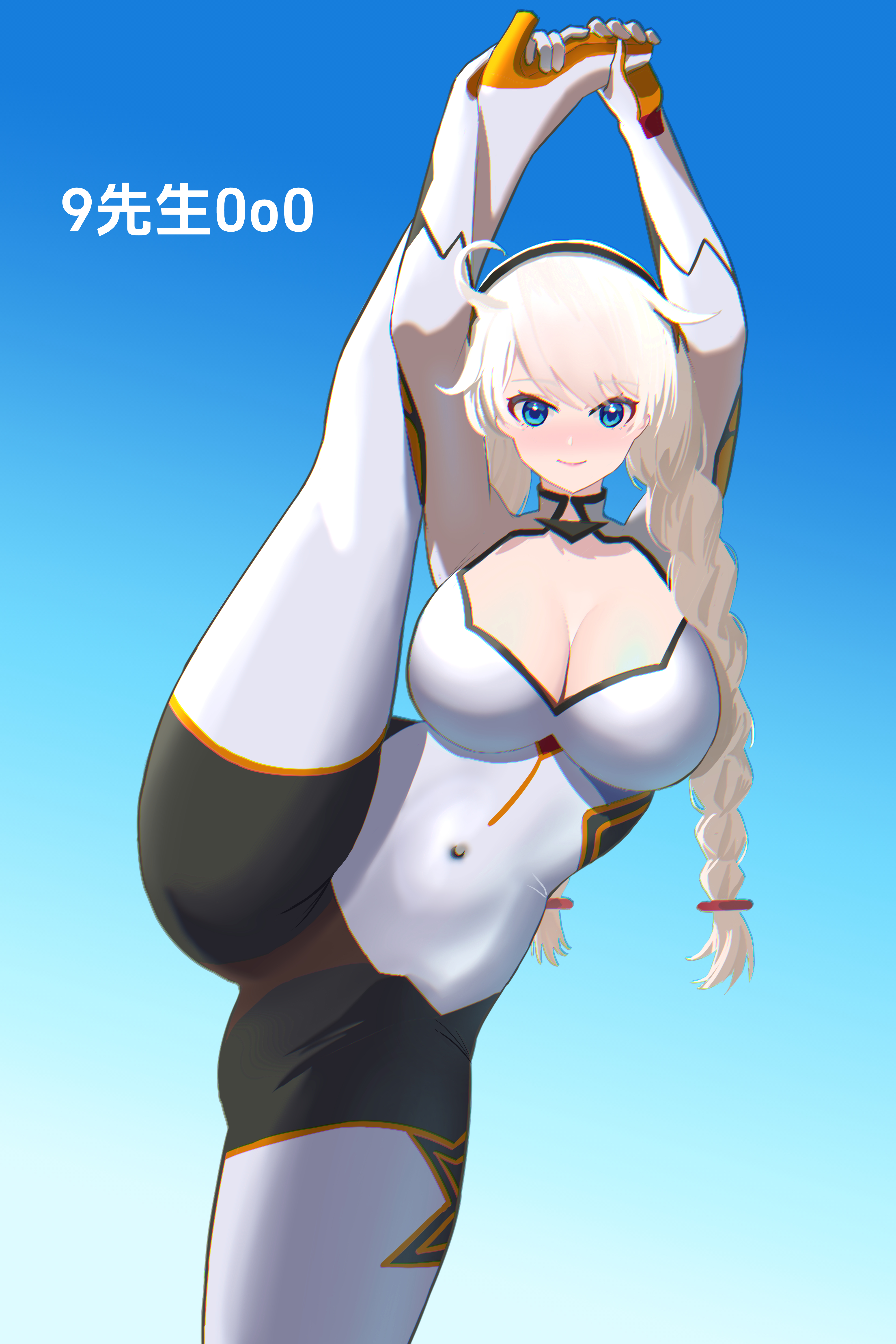 kiana kaslana, kiana kaslana (white comet), lantern (honkai impact), honkai (series), honkai impact 3rd, absurdres, chinese commentary, commentary request, highres, 1girl, 9 xiansheng 0o0, ahoge, artist name, blue eyes, blue sky, bodysuit, braid, breasts, cleavage, gloves, large breasts, long hair, looking at viewer, sky, smile, solo, split, standing, standing on one leg, standing split, twin braids, white bodysuit, white gloves, white hair