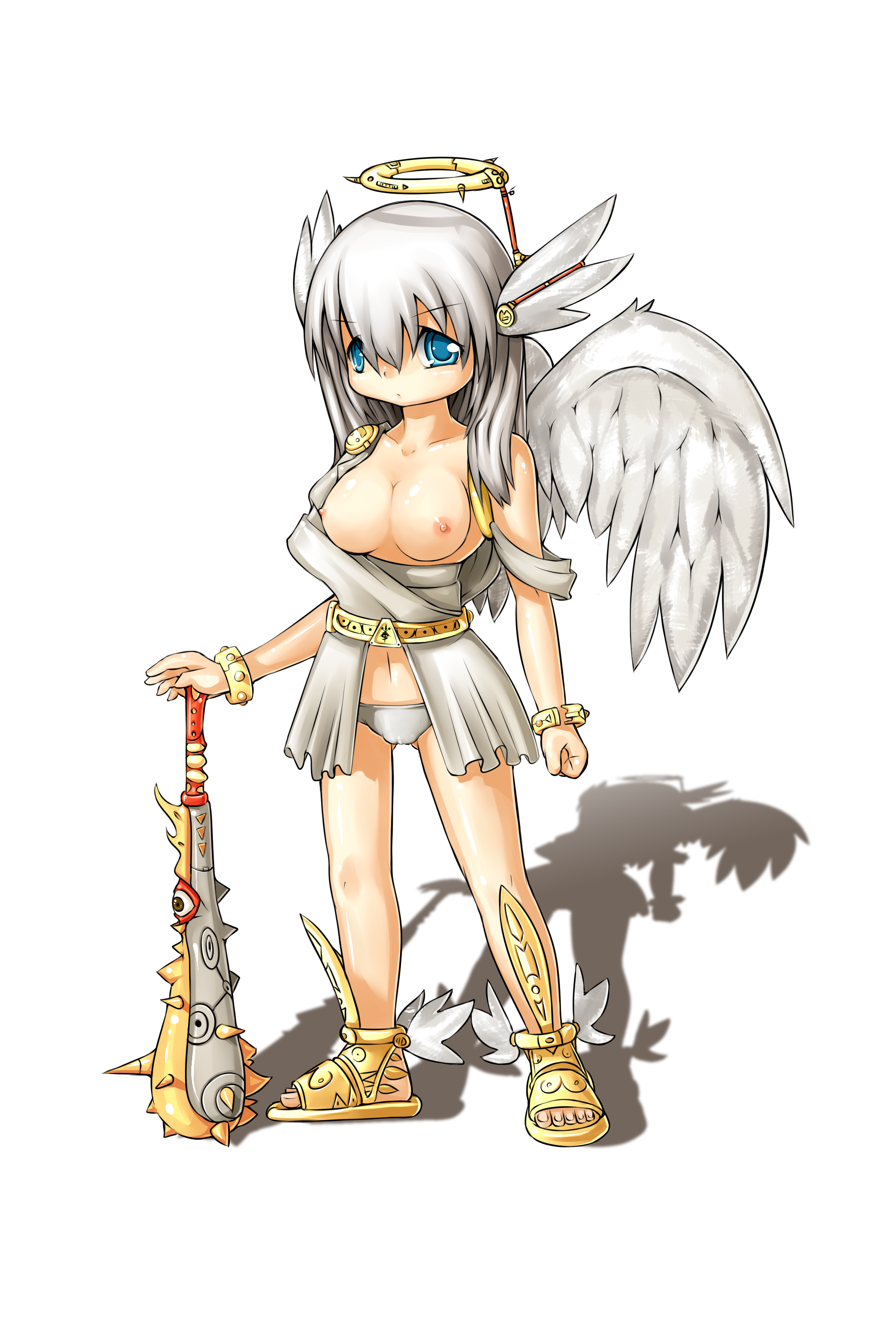 grunt frostwolf, original, winged footwear, absurdres, highres, 1girl, angel, blue eyes, breasts, club, club (weapon), fake halo, female focus, halo, kanabou, large breasts, nipples, panties, shoes, solo, underwear, weapon, white hair, wings