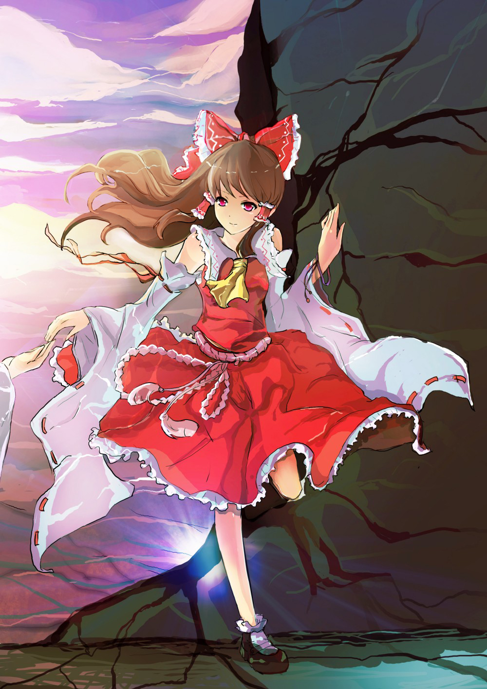 kio sayuki, hakurei reimu, touhou, bad id, bad pixiv id, highres, revision, 1girl, ascot, bow, brown hair, detached sleeves, female focus, hair bow, hair tubes, japanese clothes, long hair, miko, pink eyes, purple eyes, short hair, socks, solo, standing, standing on one leg, tassel, wide sleeves, yellow ascot