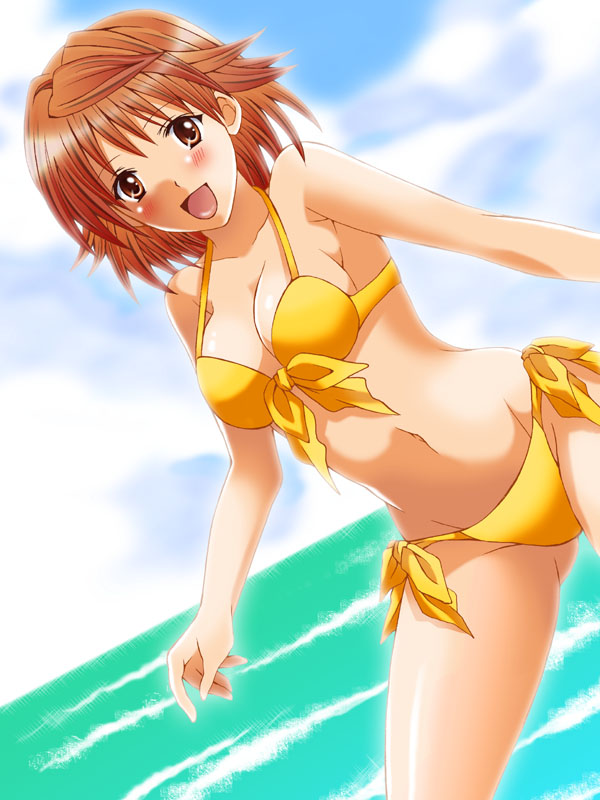 momonoki fumu, yuusaki riko, to love-ru, artist request, bad id, 00s, 1girl, bikini, blush, cloud, day, female focus, front-tie top, genderswap, genderswap (mtf), open mouth, side-tie bikini bottom, sky, solo, swimsuit, water, yellow bikini