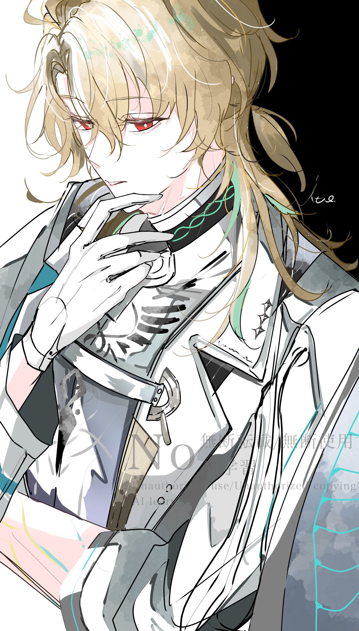 luuk herssen (wuthering waves), wuthering waves, commentary request, highres, 1boy, blonde hair, bright pupils, coat, gloves, hair between eyes, hand up, long hair, male focus, marumaru (ito u3215), multicolored hair, parted lips, red eyes, solo, streaked hair, upper body, watermark, white coat, white gloves, white pupils