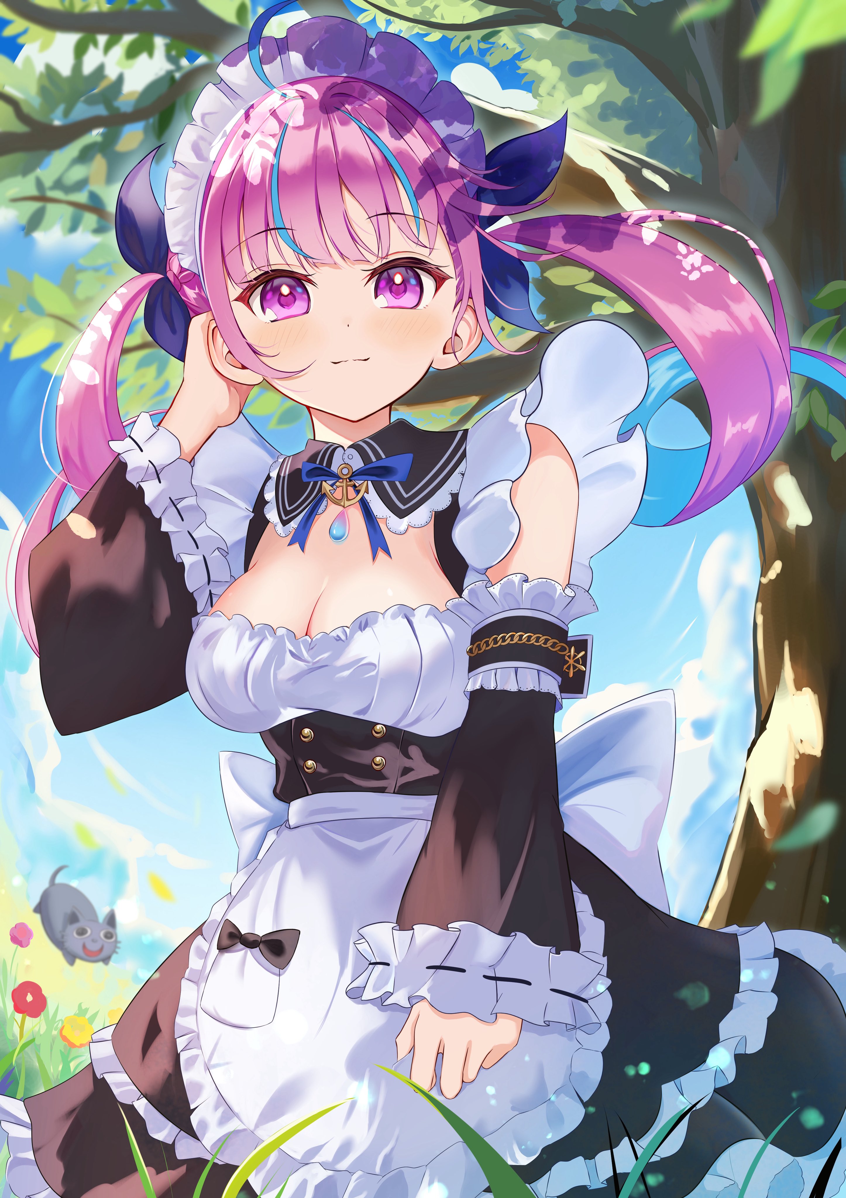 chino0803, minato aqua, aquarium (visual novel), hololive, absurdres, hashtag-only commentary, highres, 1girl, adjusting hair, apron, apron hold, arm up, black sleeves, blue hair, blue streaks, breasts, cat, cleavage, closed mouth, detached sleeves, dress, frilled apron, frilled skirt, frilled sleeves, frills, grass, light blush, light smile, long sleeves, looking at viewer, maid, maid headdress, medium breasts, multicolored hair, official alternate costume, outdoors, purple eyes, purple hair, sagging breasts, skirt, sleeveless, sleeveless dress, solo, streaked hair, tree, twintails, two-tone hair, virtual youtuber, white headdress