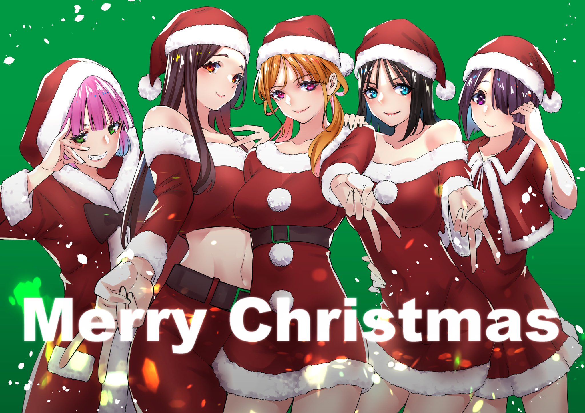 shinjou takuya, hongou miyuki, kitahara aoba, kusunoki aroma, sayamagaoka chiyo, sumiyoshi izumi, sawaranaide kotesashi-kun, commentary request, highres, 5girls, bare shoulders, belt, black hair, blonde hair, breasts, brown belt, brown hair, christmas, closed mouth, cowboy shot, crop top, dress, green background, green eyes, grin, gyaru v, hair over one eye, hand on another's shoulder, hat, long hair, looking at viewer, medium breasts, merry christmas, midriff, multiple girls, navel, off-shoulder dress, off shoulder, pink eyes, pink hair, purple eyes, red dress, red hat, red skirt, santa costume, santa dress, santa hat, short dress, short hair, skirt, smile, twintails, v