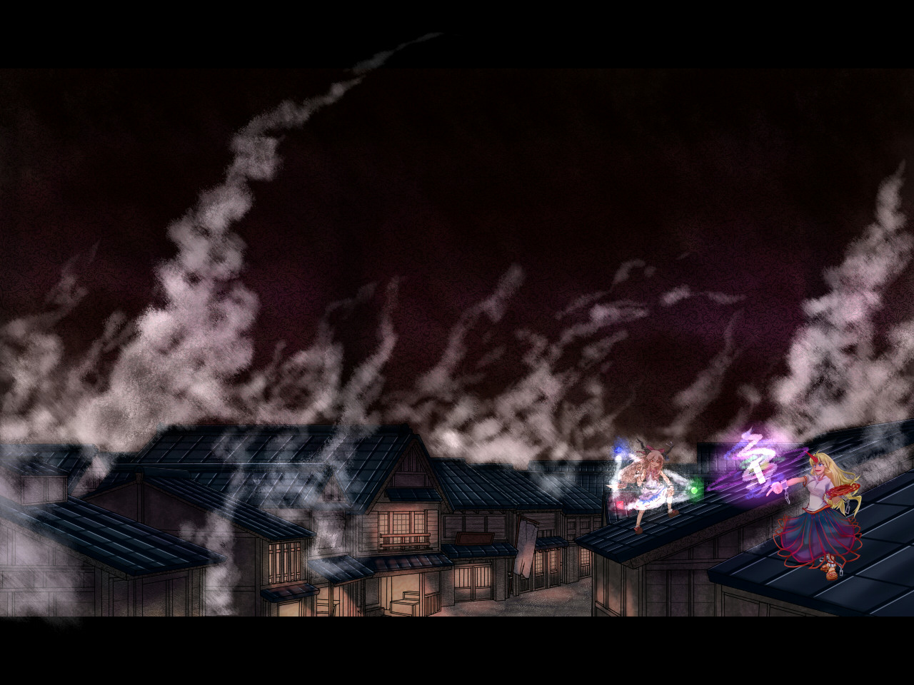 yukimichi (artist), yukimichi (yki), hoshiguma yuugi, ibuki suika, touhou, bad id, bad pixiv id, 2girls, alcohol, architecture, blonde hair, blue eyes, building, east asian architecture, female focus, horns, long hair, multiple girls, red eyes, rooftop, sake, single horn