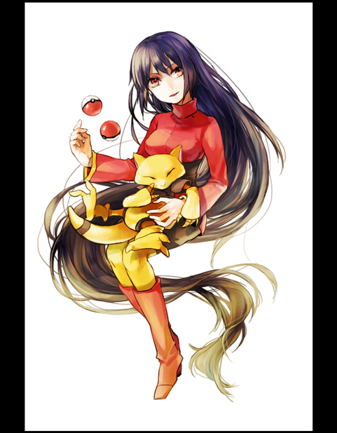 dada, dada (dolce), abra, sabrina (pokemon), nintendo, pokemon, pokemon rgby, 1990s (style), 1girl, black hair, boots, floating, gen 1 pokemon, gym leader, levitation, long hair, pantyhose, poke ball, poke ball (basic), pokemon (creature), retro artstyle, smile, yellow eyes, yellow pantyhose