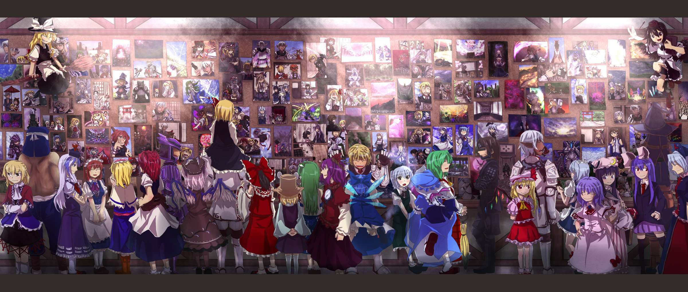 yukimichi (artist), yukimichi (yki), alice margatroid, buront, cain highwind, cirno, elvaan, flandre scarlet, hakurei reimu, ibuki suika, izayoi sakuya, jin fu-ha, kamishirasawa keine, kazami yuuka, kirisame marisa, kitanai ninja, kochiya sanae, konpaku youmu, konpaku youmu (ghost), mizuhashi parsee, moriya suwako, mystia lorelei, onozuka komachi, patchouli knowledge, reisen udongein inaba, remilia scarlet, rumia, ryu-san, saigyouji yuyuko, shameimaru aya, yagokoro eirin, yakumo yukari, yasaka kanako, final fantasy, final fantasy iv, final fantasy xi, ryuuko no ken, soul eater, the iron of yin and yang, touhou, highres, 00s, 1990s (style), 6+girls, blonde hair, crossover, elf, everyone, geta, hitodama, multiple girls, pointy ears, red eyes, retro artstyle, tengu-geta