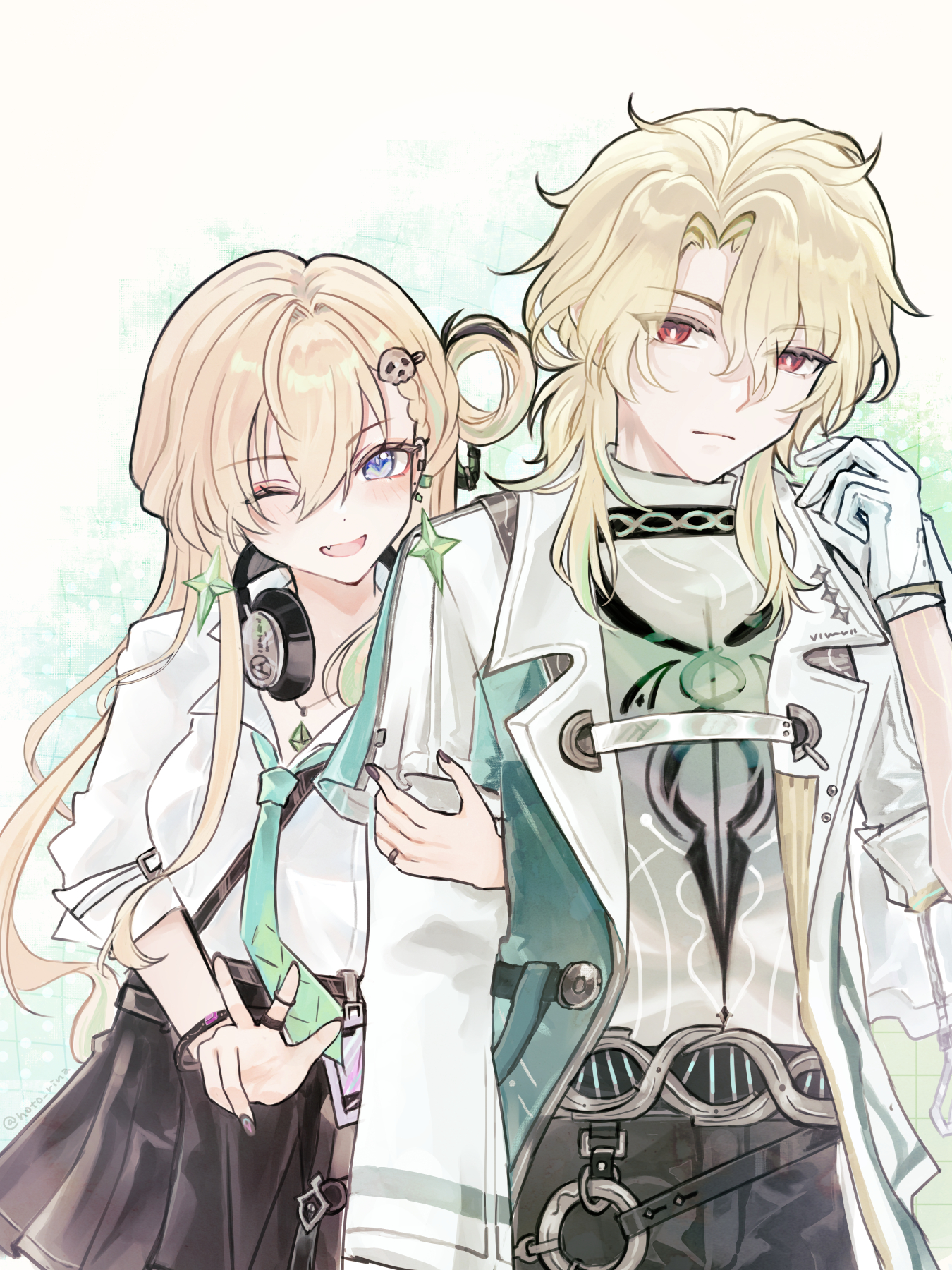 luuk herssen (wuthering waves), lynae (wuthering waves), wuthering waves, commentary request, highres, 1boy, 1girl, aqua necktie, black skirt, blonde hair, blue eyes, braid, braided bangs, breasts, bright pupils, closed mouth, coat, gloves, hair between eyes, hair ornament, headphones, headphones around neck, hoto rina, jewelry, long hair, looking at viewer, medium breasts, necklace, necktie, one eye closed, open mouth, red eyes, shirt, skirt, skull hair ornament, smile, w, white coat, white gloves, white pupils, white shirt