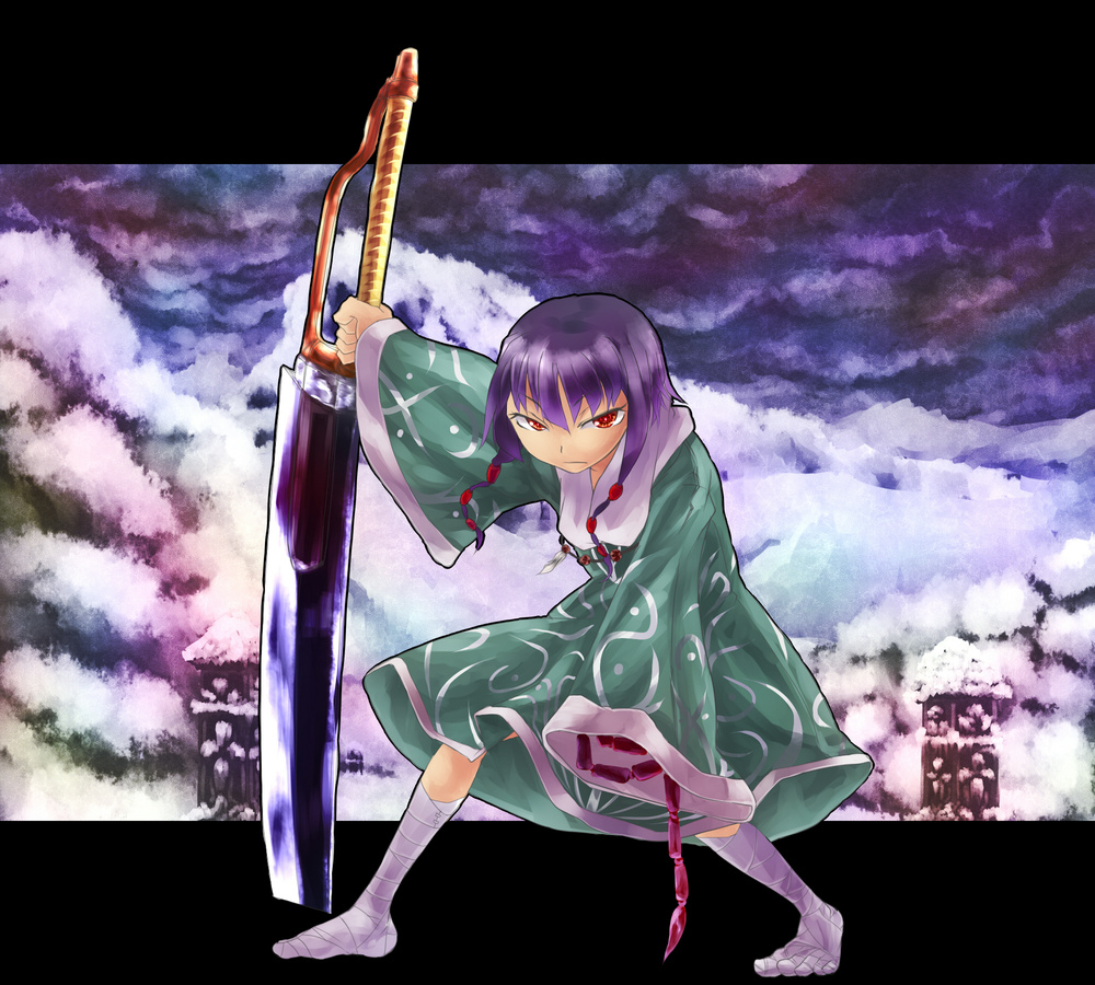 yukimichi (artist), yukimichi (yki), original, 1girl, bandages, female focus, full body, letterboxed, nature, orange eyes, outdoors, purple hair, sky, solo, sword, weapon