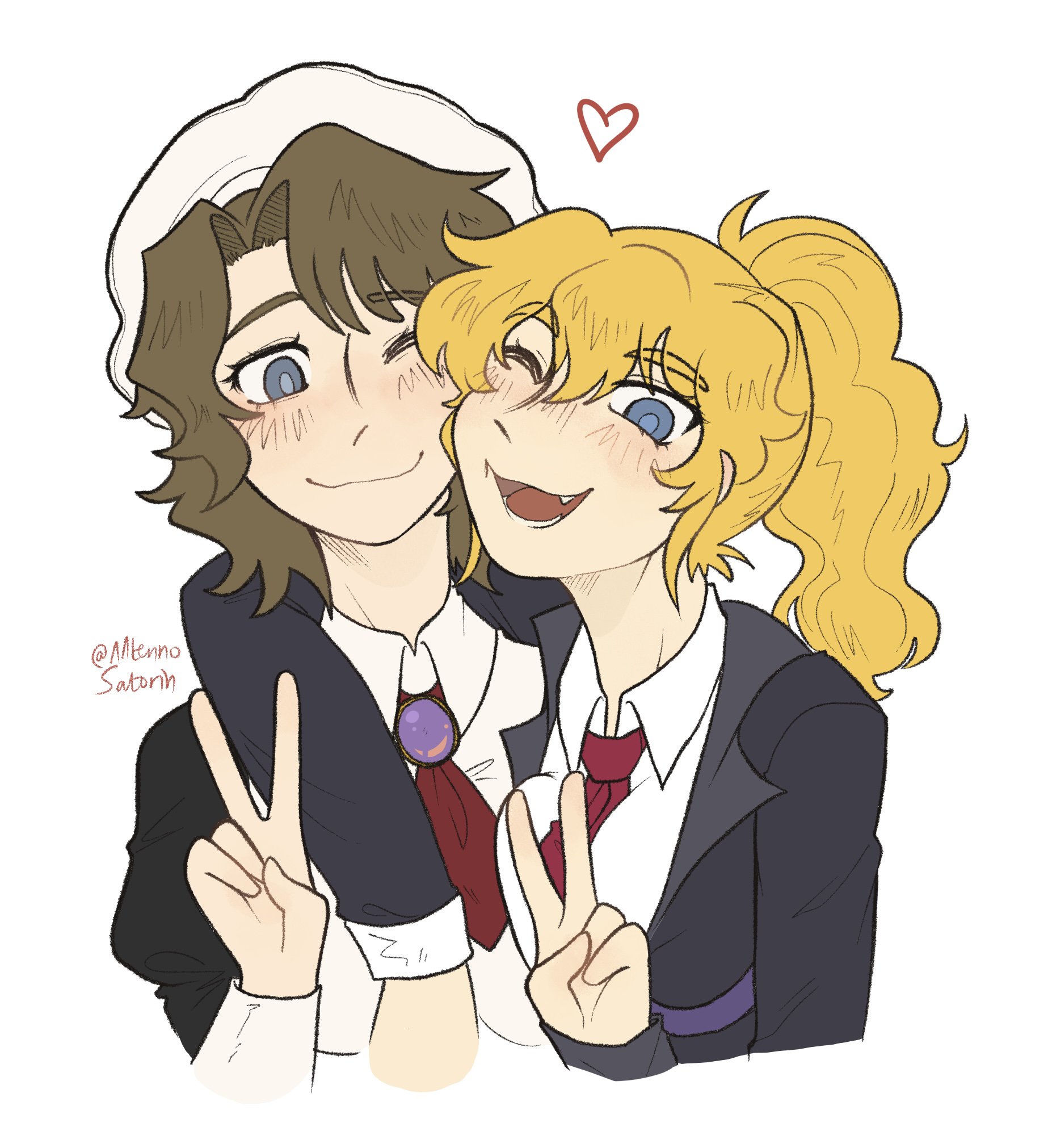 shannon (umineko), ushiromiya jessica, umineko no naku koro ni, commentary, english commentary, highres, 2girls, ascot, beret, blonde hair, blue eyes, blush, breast press, breasts, brown hair, fang, formal clothes, hat, heart, large breasts, maid, multiple girls, necktie, ponytail, puffy sleeves, red ascot, satonyatorin, shirt, smile, suit, v, white background, yuri