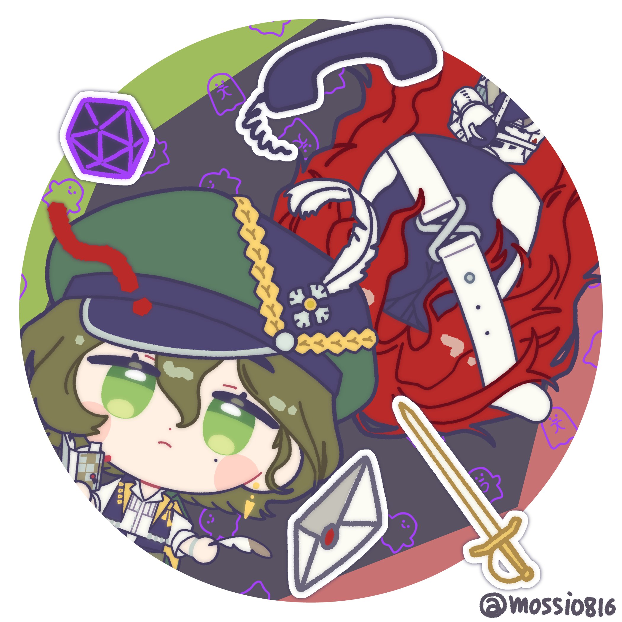 mossi (mossi0816), aleph (reverse:1999), recoleta (reverse:1999), reverse:1999, commentary request, highres, korean commentary, 1boy, 1girl, black mask, black vest, brown hair, chibi, closed mouth, corded phone, covered face, cracked mask, dice, envelope, facing viewer, green eyes, green hat, grey background, hat, hat feather, holding, holding notebook, holding quill, long hair, looking at viewer, mole, mole under eye, newsboy cap, notebook, phone, polyhedral dice, quill, red hair, round image, shirt, sword, twitter username, upper body, vest, weapon, white shirt