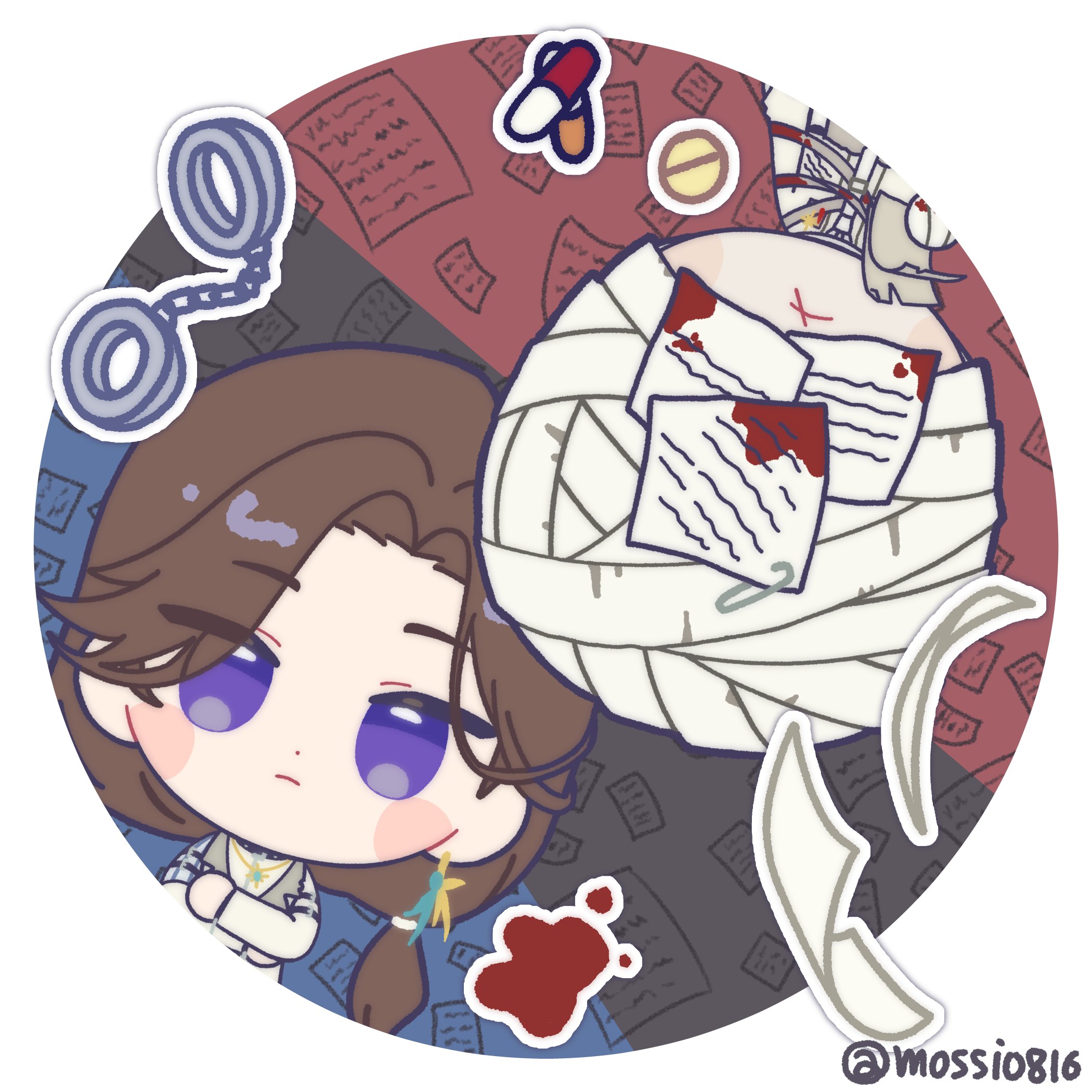 mossi (mossi0816), aleph (reverse:1999), the idealist (reverse:1999), reverse:1999, commentary request, highres, korean commentary, 1boy, 1girl, bandaged head, bandages, brown hair, chibi, closed mouth, covered eyes, cuffs, facing viewer, grey background, handcuffs, holding, holding paper, long hair, looking at viewer, low ponytail, octavia (reverse:1999), paper, pill, ponytail, purple eyes, round image, shirt, twitter username, upper body, white shirt, x mouth