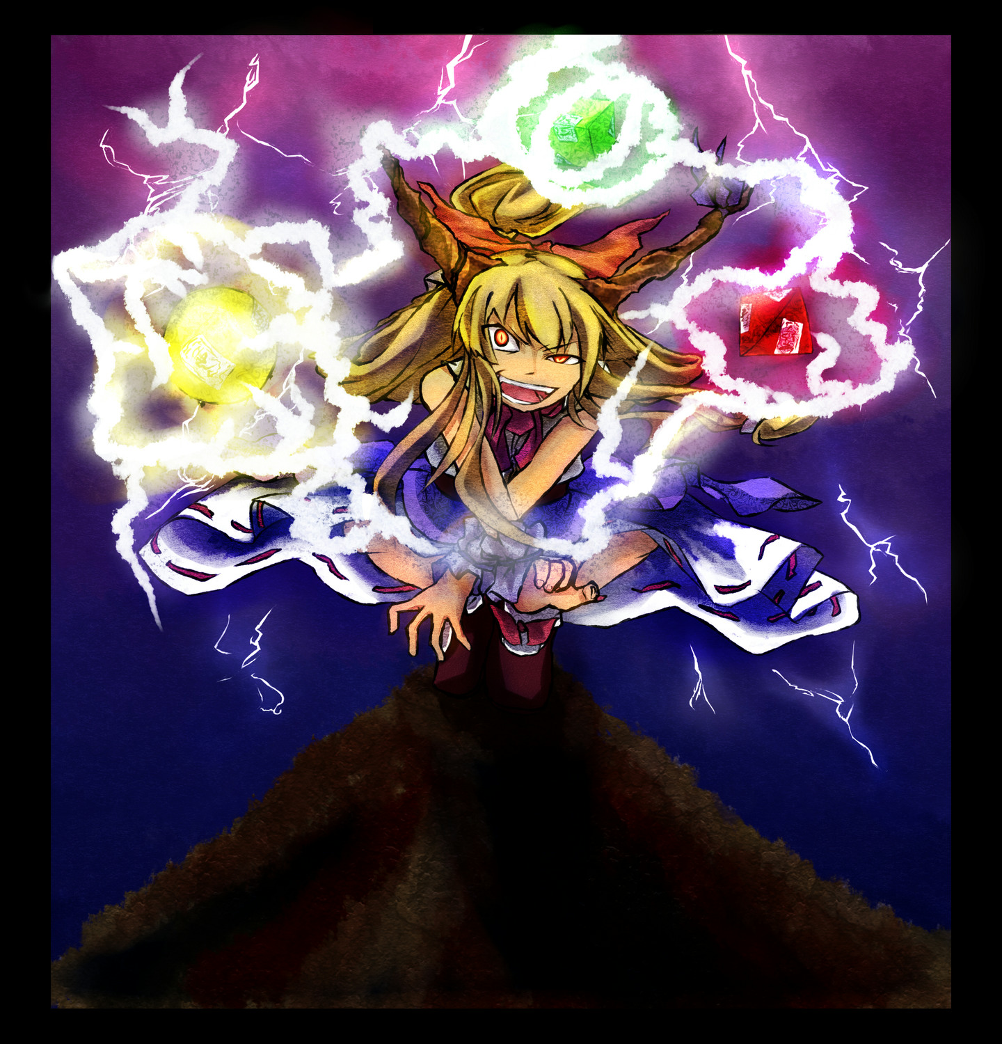 yukimichi (artist), yukimichi (yki), ibuki suika, touhou, bad id, bad pixiv id, highres, 1girl, blonde hair, female focus, horns, long hair, orange eyes, solo, wrist cuffs