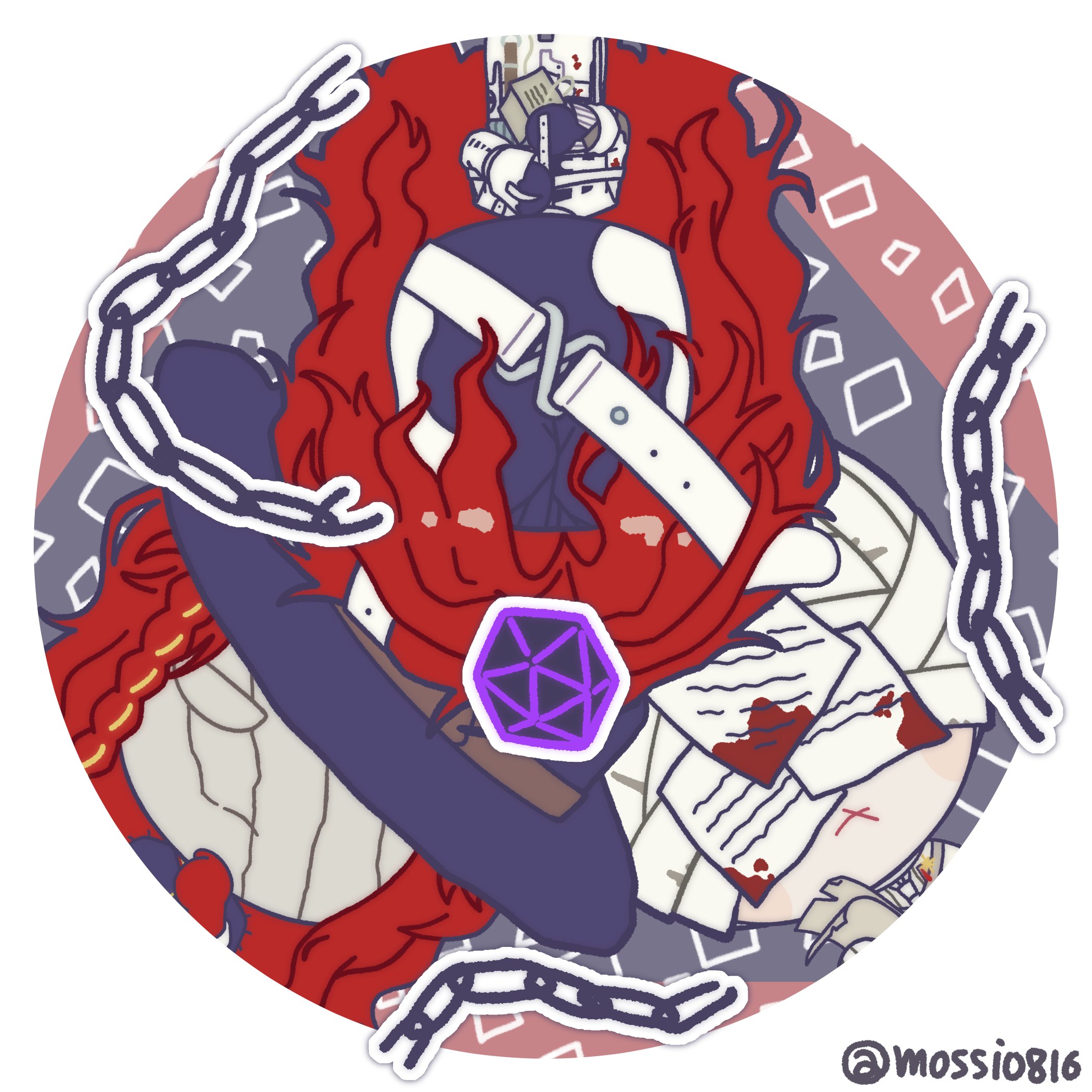 mossi (mossi0816), aleph (reverse:1999), merlin (reverse:1999), the idealist (reverse:1999), reverse:1999, commentary request, highres, korean commentary, 3boys, bandaged head, bandages, black gloves, black hat, black mask, chain, chibi, closed eyes, covered face, cracked mask, dice, facing viewer, gloves, grey background, hat, holding, holding paper, long hair, male focus, multiple boys, multiple persona, paper, polyhedral dice, red gloves, red hair, round image, shirt, twitter username, upper body, white mask, white shirt, x mouth