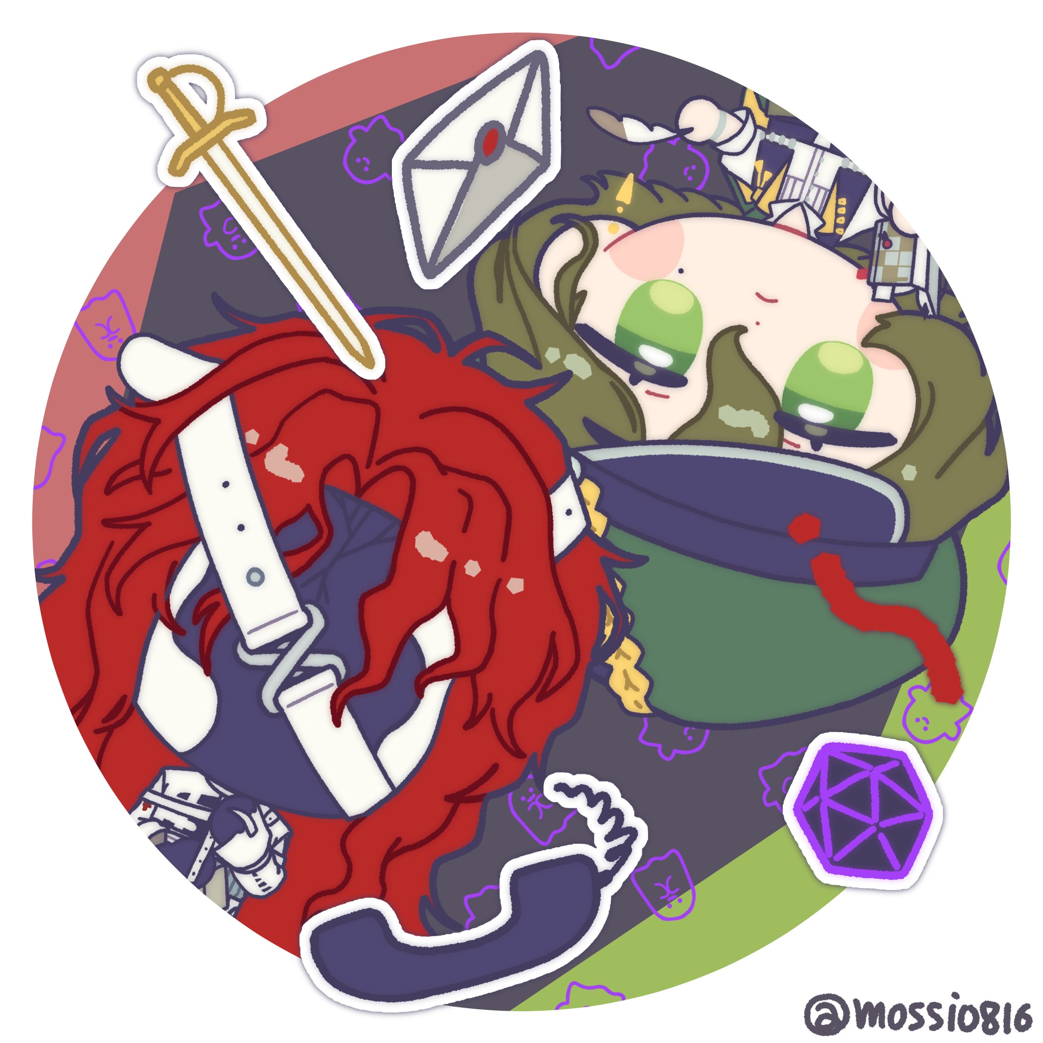 mossi (mossi0816), aleph (reverse:1999), recoleta (reverse:1999), reverse:1999, highres, 1boy, 1girl, black mask, black vest, brown hair, chibi, closed mouth, corded phone, covered face, cracked mask, dice, envelope, facing viewer, green eyes, green hat, grey background, hat, hat feather, holding, holding notebook, holding quill, long hair, looking at viewer, mole, mole under eye, newsboy cap, notebook, phone, polyhedral dice, quill, red hair, round image, shirt, sword, twitter username, upper body, vest, weapon, white shirt