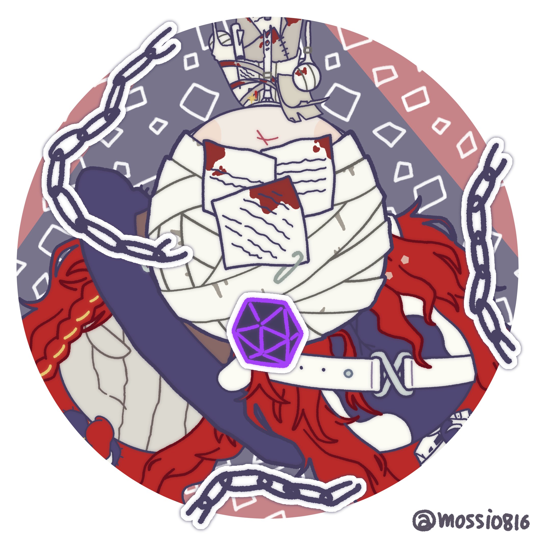 mossi (mossi0816), aleph (reverse:1999), merlin (reverse:1999), the idealist (reverse:1999), reverse:1999, highres, 3boys, bandaged head, bandages, black gloves, black hat, black mask, chain, chibi, closed eyes, covered face, cracked mask, dice, facing viewer, gloves, grey background, hat, holding, holding paper, long hair, male focus, multiple boys, multiple persona, paper, polyhedral dice, red gloves, red hair, round image, shirt, twitter username, upper body, white mask, white shirt, x mouth