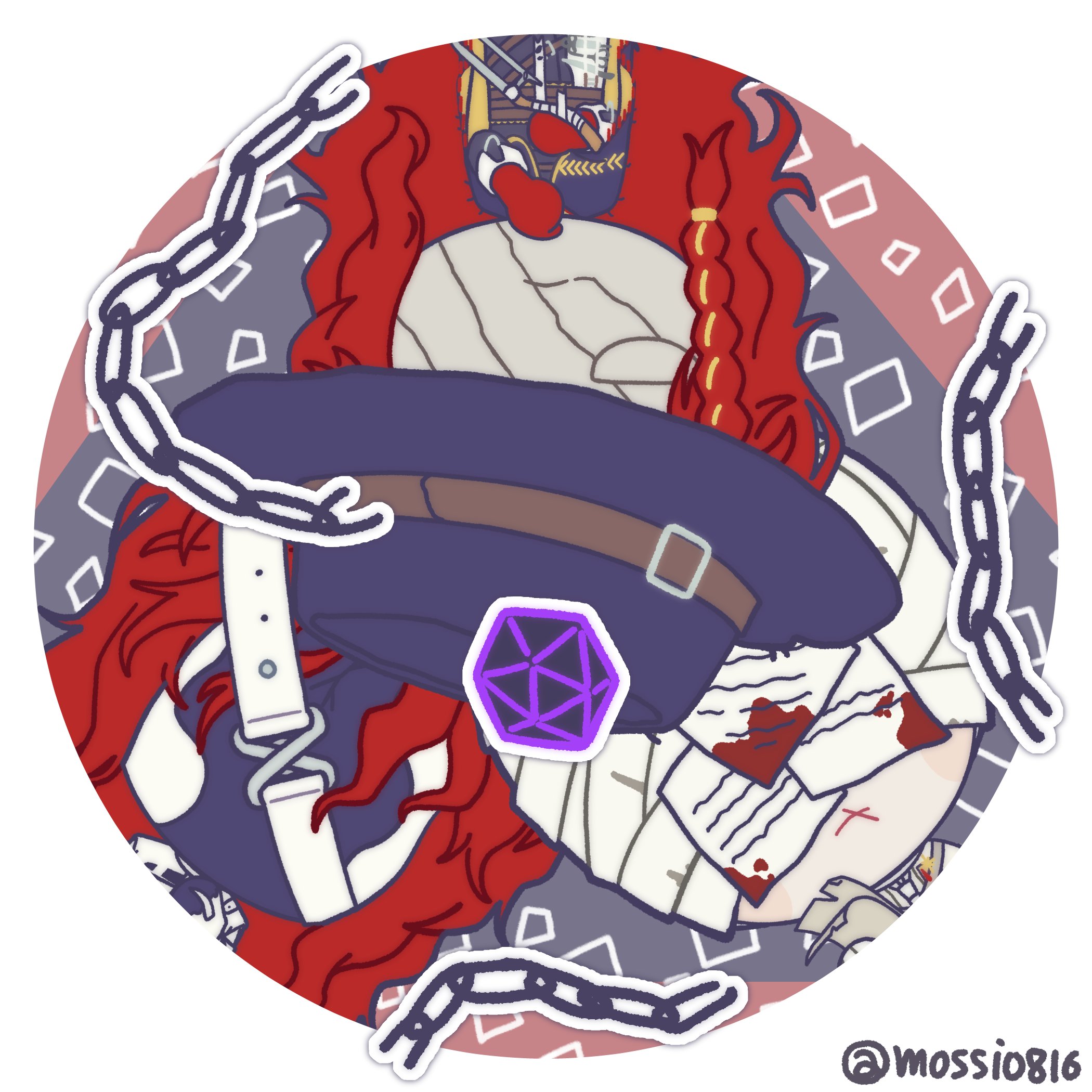 mossi (mossi0816), aleph (reverse:1999), merlin (reverse:1999), the idealist (reverse:1999), reverse:1999, highres, 3boys, bandaged head, bandages, black gloves, black hat, black mask, chain, chibi, closed eyes, covered face, cracked mask, dice, facing viewer, gloves, grey background, hat, holding, holding paper, long hair, male focus, multiple boys, multiple persona, paper, polyhedral dice, red gloves, red hair, round image, shirt, twitter username, upper body, white mask, white shirt, x mouth