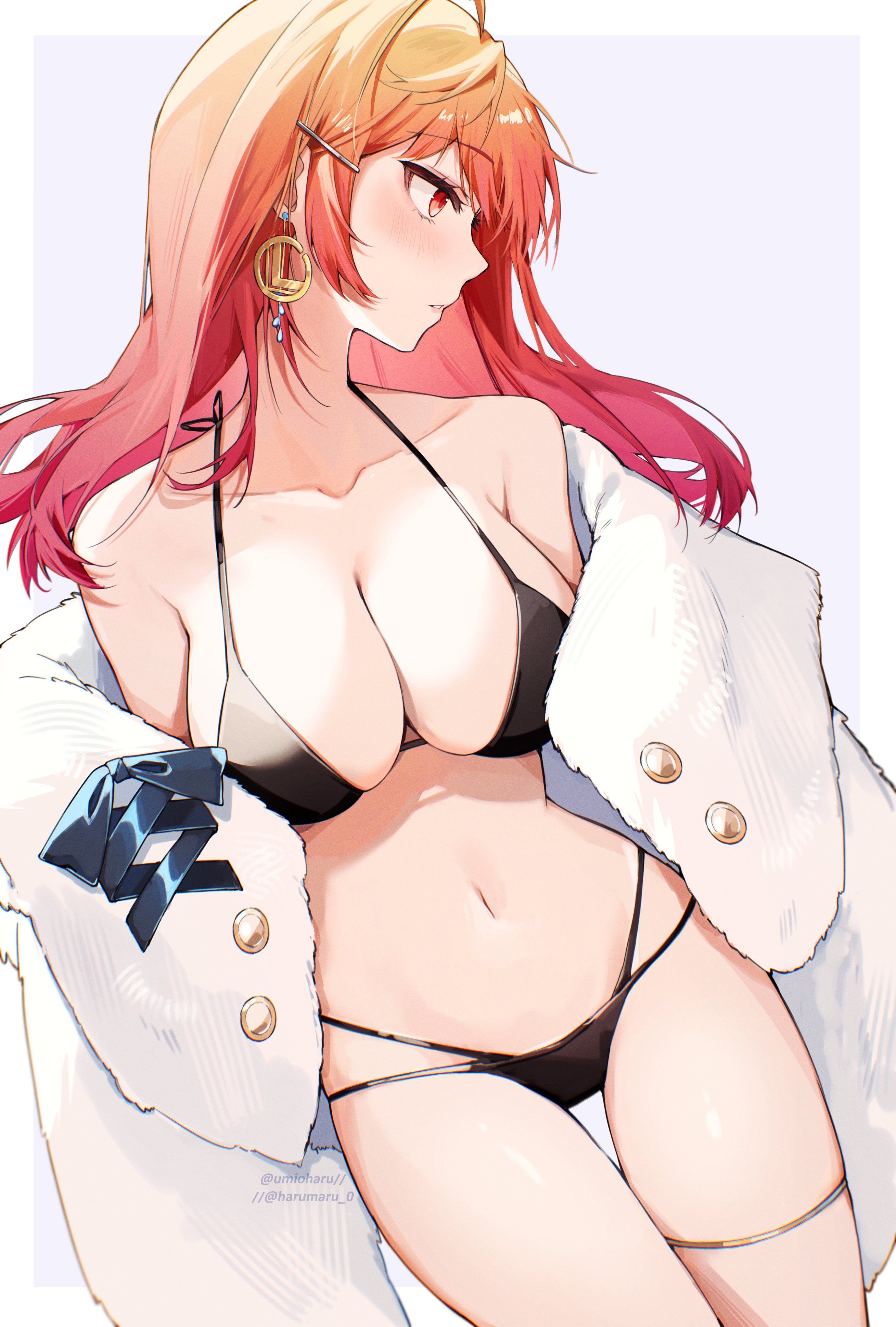 yuzureei, ichijou ririka, hololive, hololive dev is, absurdres, commentary, highres, 1girl, alternate costume, bikini, black bikini, blush, border, breasts, buttons, cleavage, clothes down, collarbone, earrings, fur jacket, gradient hair, hair ornament, hairclip, halterneck, jacket, jewelry, large breasts, long hair, looking to the side, multi-strapped bikini bottom, multicolored hair, navel, open clothes, open jacket, orange eyes, orange hair, parted lips, pink hair, purple background, simple background, solo, stomach, string bikini, swimsuit, thigh gap, thighlet, twitter username, virtual youtuber, white border