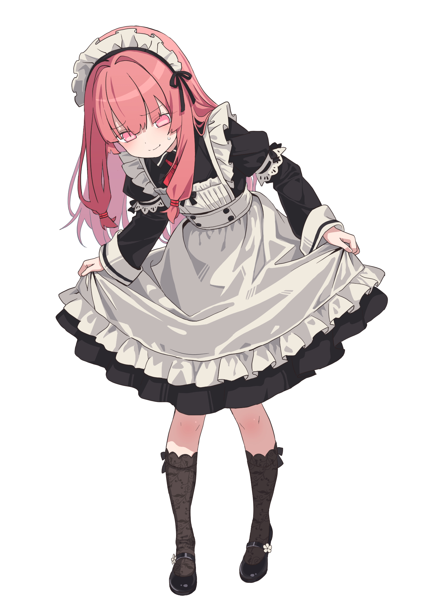 takanashi yuki, original, commentary request, highres, 1girl, apron, black dress, black shoes, black socks, blush, dress, frilled apron, frills, full body, hair tie, kneehighs, leaning forward, long hair, long sleeves, looking at viewer, maid apron, maid headdress, pink eyes, pink hair, shoes, sidelocks, simple background, smile, socks, solo, standing, white background