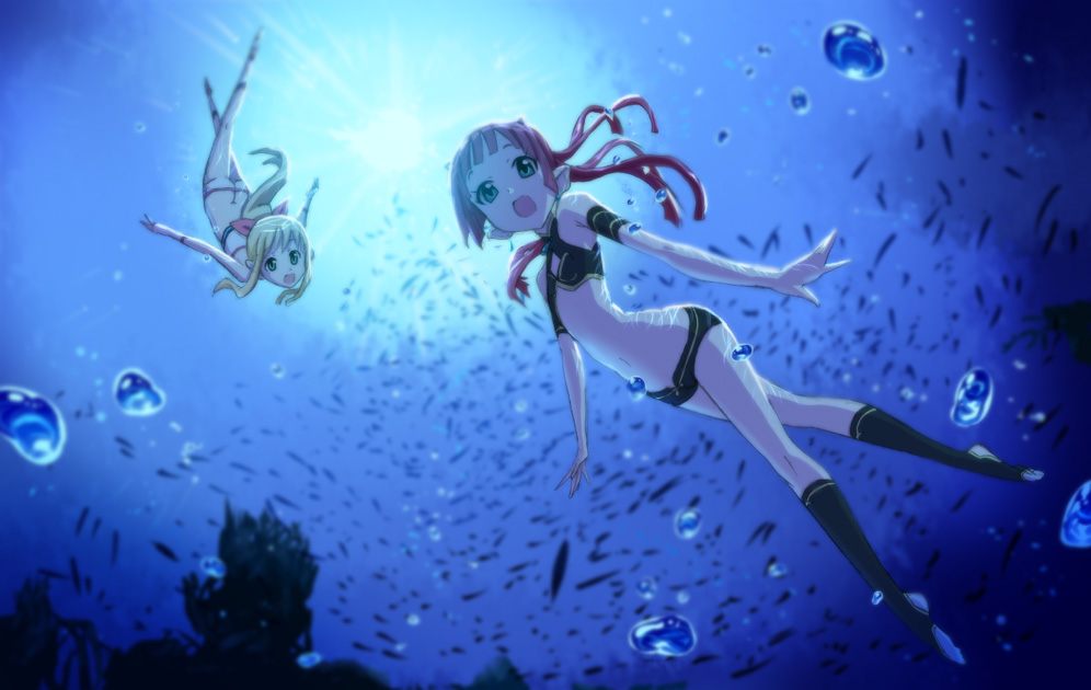 marin (marine-sky-earth), wadapen, marin (umi monogatari), urin (umi monogatari), umi monogatari, 00s, 2girls, barefoot, blonde hair, feet, legs, multiple girls, plantar flexion, ponytail, short shorts, shorts, swimming, toeless legwear, underwater, wrists extended