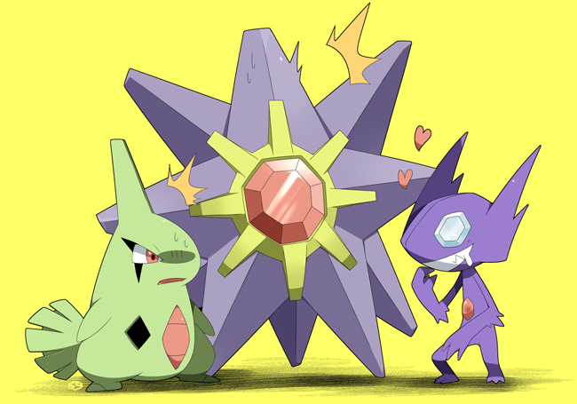 sg (pixiv), sg (suuchan), larvitar, sableye, starmie, nintendo, pokemon, bad id, bad pixiv id, gem, gen 1 pokemon, gen 2 pokemon, gen 3 pokemon, heart, no humans, pokemon (creature), red eyes, saliva, simple background, surprised, sweat