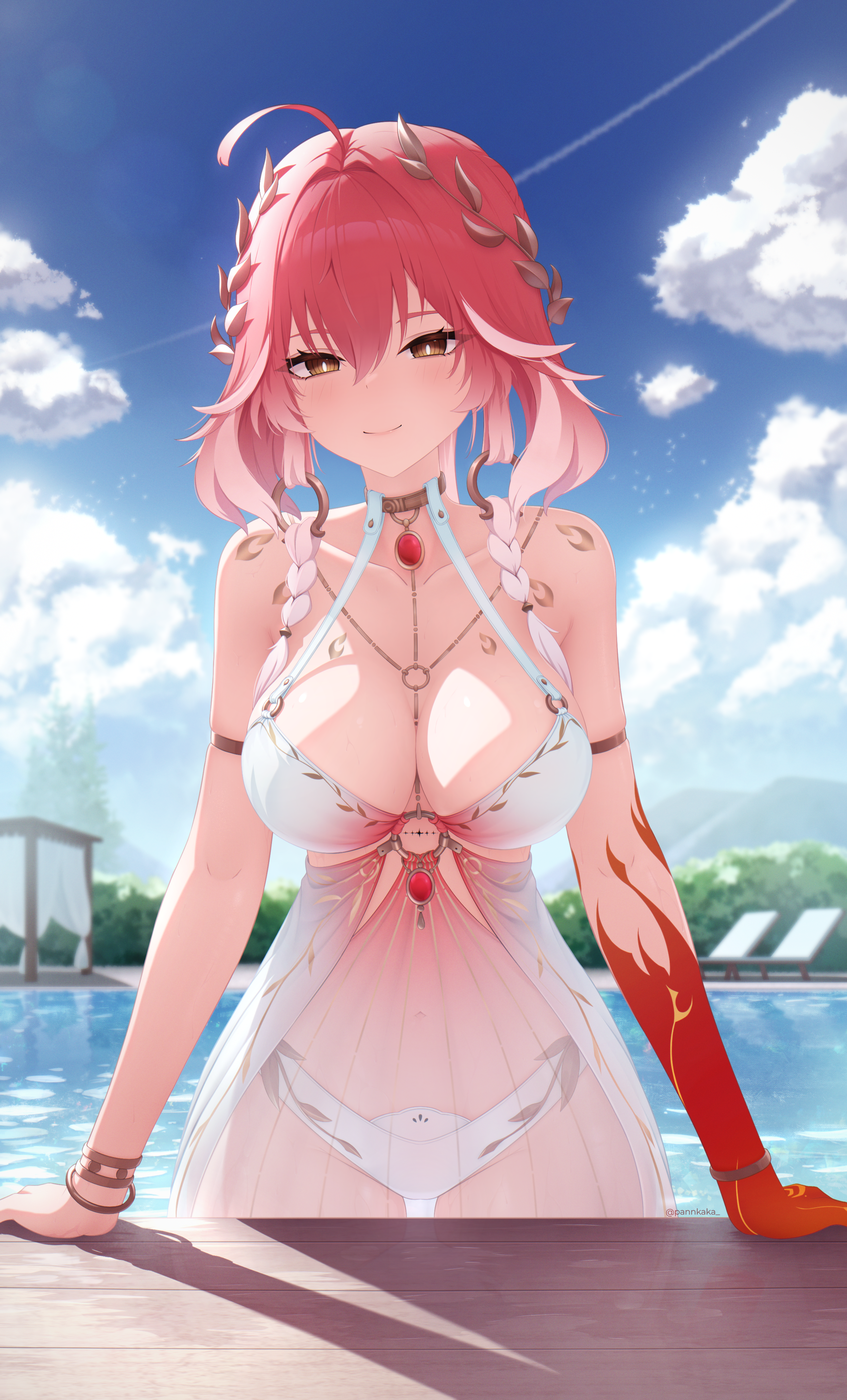 pannkaka (kpze4325), changli (laurel nymph) (wuthering waves), changli (wuthering waves), wuthering waves, absurdres, commentary, highres, 1girl, ahoge, blue sky, body markings, bracelet, braid, breasts, bright pupils, cleavage, closed mouth, collarbone, colored extremities, day, dress, dress swimsuit, hair between eyes, hair extensions, jewelry, large breasts, laurel crown, long hair, looking at viewer, multicolored hair, official alternate costume, outdoors, pink hair, pool, poolside, red hands, ring hair extensions, see-through clothes, see-through dress, sky, smile, solo, tacet mark (wuthering waves), thighs, twin braids, two-tone hair, white hair, white pupils, yellow eyes