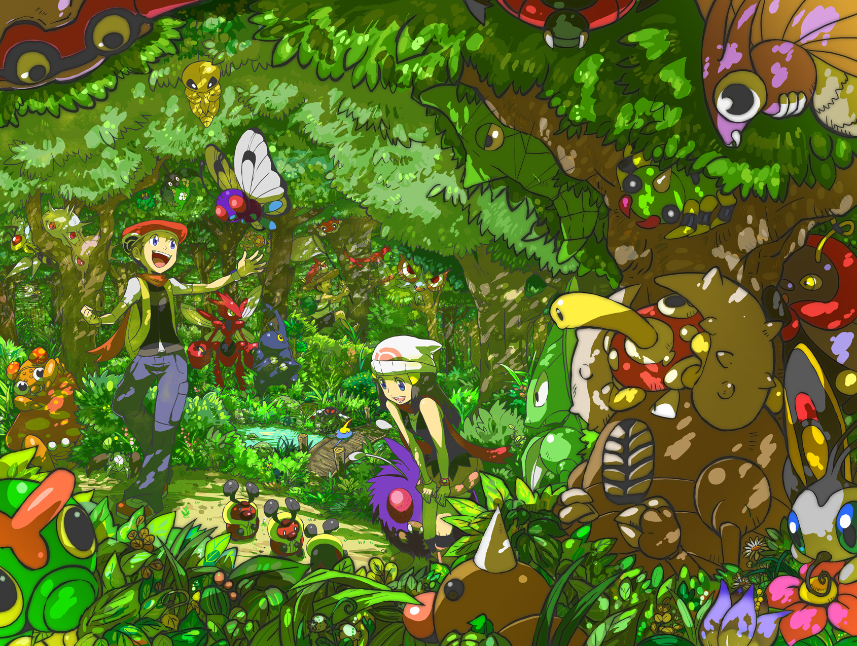mikami, anorith, beautifly, beedrill, bug catcher (pokemon), burmy, burmy (plant), butterfree, cascoon, caterpie, combee, dawn (pokemon), forretress, heracross, kakuna, kricketot, ledyba, lucas (pokemon), masquerain, metapod, nincada, ninjask, paras, parasect, pinsir, scizor, scyther, shedinja, shuckle, silcoon, spinarak, surskit, venomoth, venonat, vespiquen, volbeat, weedle, wormadam, wormadam (plant), wurmple, yanma, yanmega, nintendo, pokemon, pokemon dppt, bad id, bad pixiv id, highres, 00s, 1boy, 1girl, black hair, blue eyes, boots, bridge, bug, butterfly net, denim, flower, forest, gen 1 pokemon, gen 2 pokemon, gen 3 pokemon, gen 4 pokemon, hair ornament, hairclip, hand net, hat, jeans, nature, net, open mouth, pants, pokemon (creature), scarf, shorts, skirt, smile, straw hat, tree