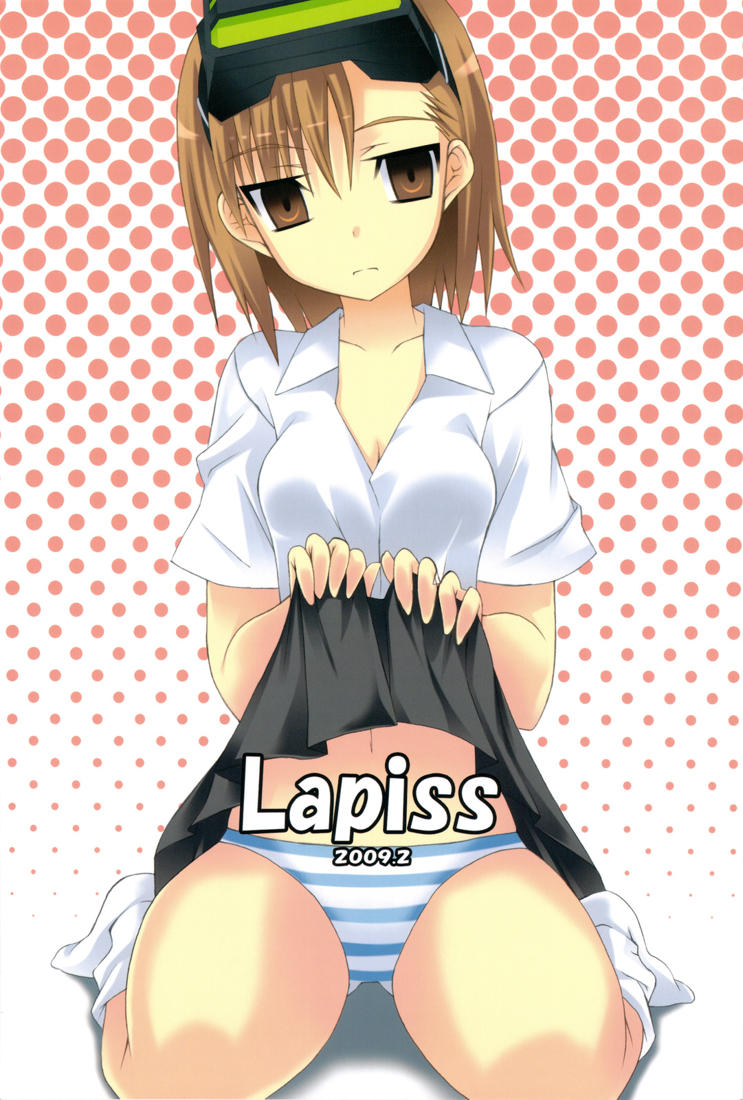 misaka imouto, toaru majutsu no index, highres, 00s, brown eyes, brown hair, clothes lift, empty eyes, expressionless, head-mounted display, panties, short hair, skirt, skirt lift, socks, solo, striped clothes, striped panties, underwear