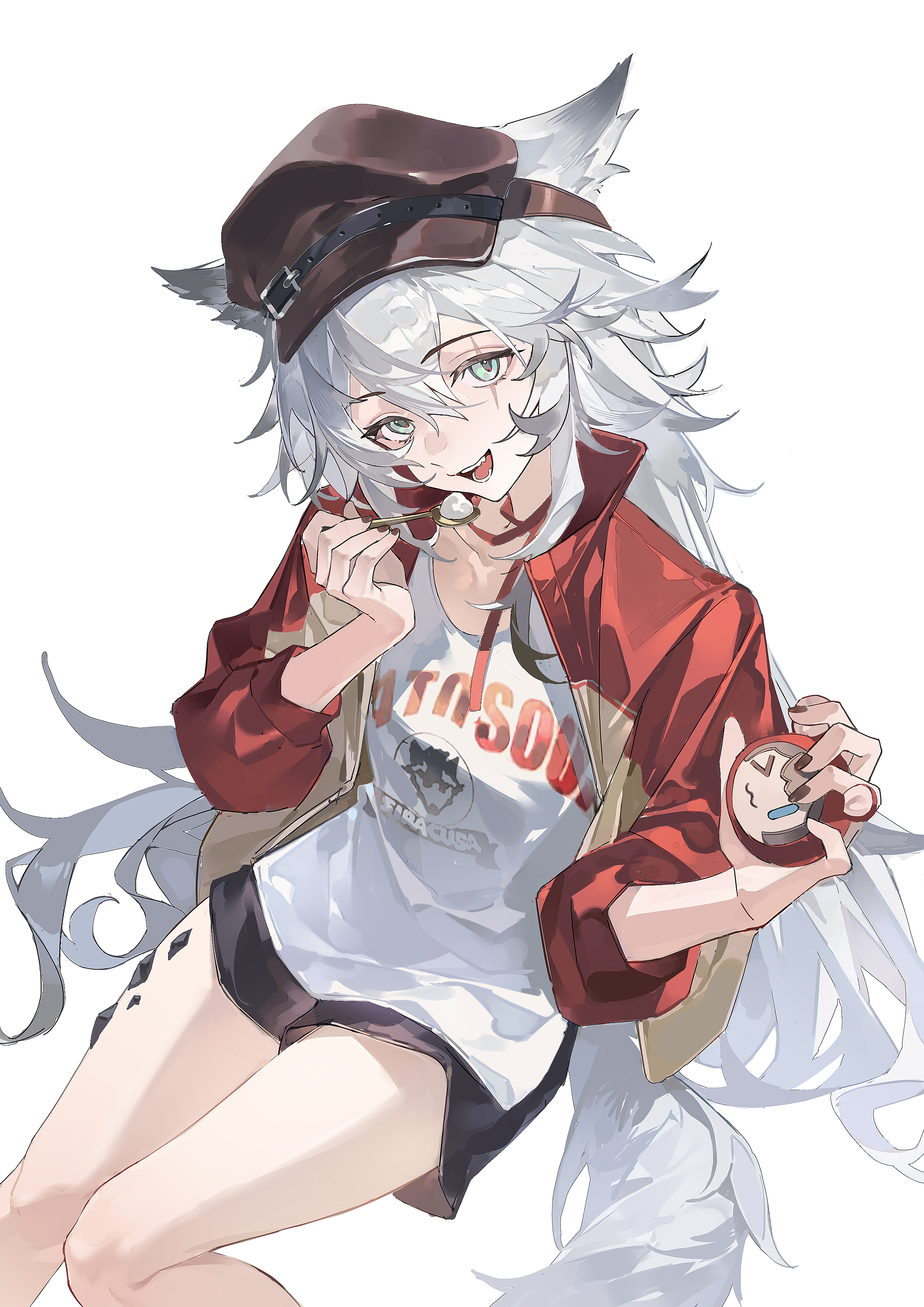 lushi jin up, amiya (arknights), lappland (arknights), arknights, absurdres, commentary request, highres, 1girl, alternate costume, animal ears, black shorts, breasts, clothes writing, green eyes, hat, holding, holding spoon, jacket, long hair, looking at viewer, material growth, open mouth, oripathy lesion (arknights), peaked cap, red jacket, scar, scar across eye, scar on face, shirt, shorts, simple background, small breasts, solo, spoon, tail, thighs, very long hair, white background, white hair, white shirt, wolf ears, wolf girl, wolf tail