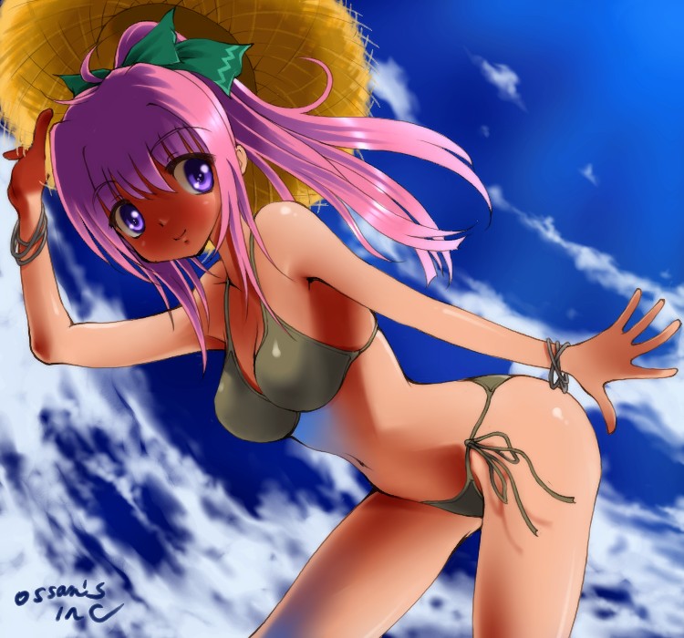 dr rex, original, 1girl, bent over, bikini, blue eyes, cloud, day, dutch angle, female focus, hat, long hair, pink hair, ponytail, side-tie bikini bottom, sky, solo, straw hat, swimsuit