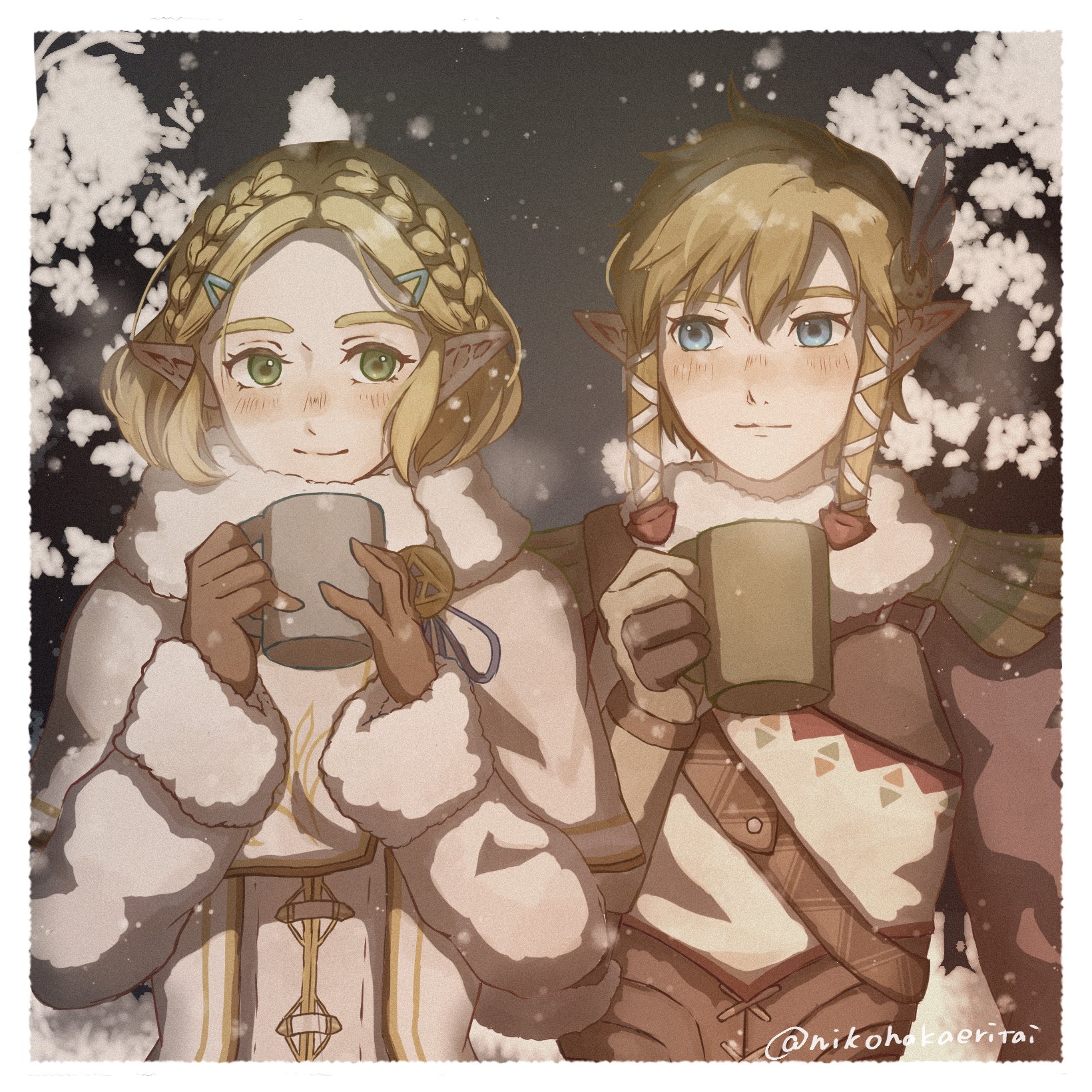 link, princess zelda, nintendo, the legend of zelda, the legend of zelda: breath of the wild, commentary request, highres, 1boy, 1girl, border, braid, brown gloves, coat, crown braid, cup, fur-trimmed coat, fur trim, gloves, hair between eyes, hair ornament, hair ribbon, hairclip, holding, holding cup, light blush, medium hair, nikohakaeritai, official alternate costume, ribbon, short hair, sidelocks, snow, steaming cup, twitter username, upper body, white border, winter clothes, winter coat