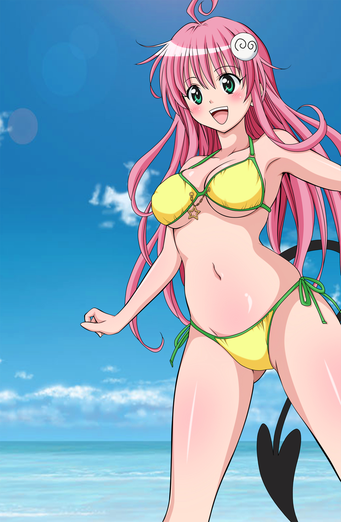 takami akio, lala satalin deviluke, peke (to love-ru), to love-ru, derivative work, highres, non-web source, vector trace, 00s, 1girl, ahoge, armpits, beach, bikini, blue sky, blush, breasts, collarbone, day, female focus, gluteal fold, green eyes, happy, legs apart, lens flare, long hair, medium breasts, navel, ocean, outdoors, pink hair, shiny skin, side-tie bikini bottom, sky, smile, solo, star (symbol), swimsuit, tail, underboob, water, yellow bikini