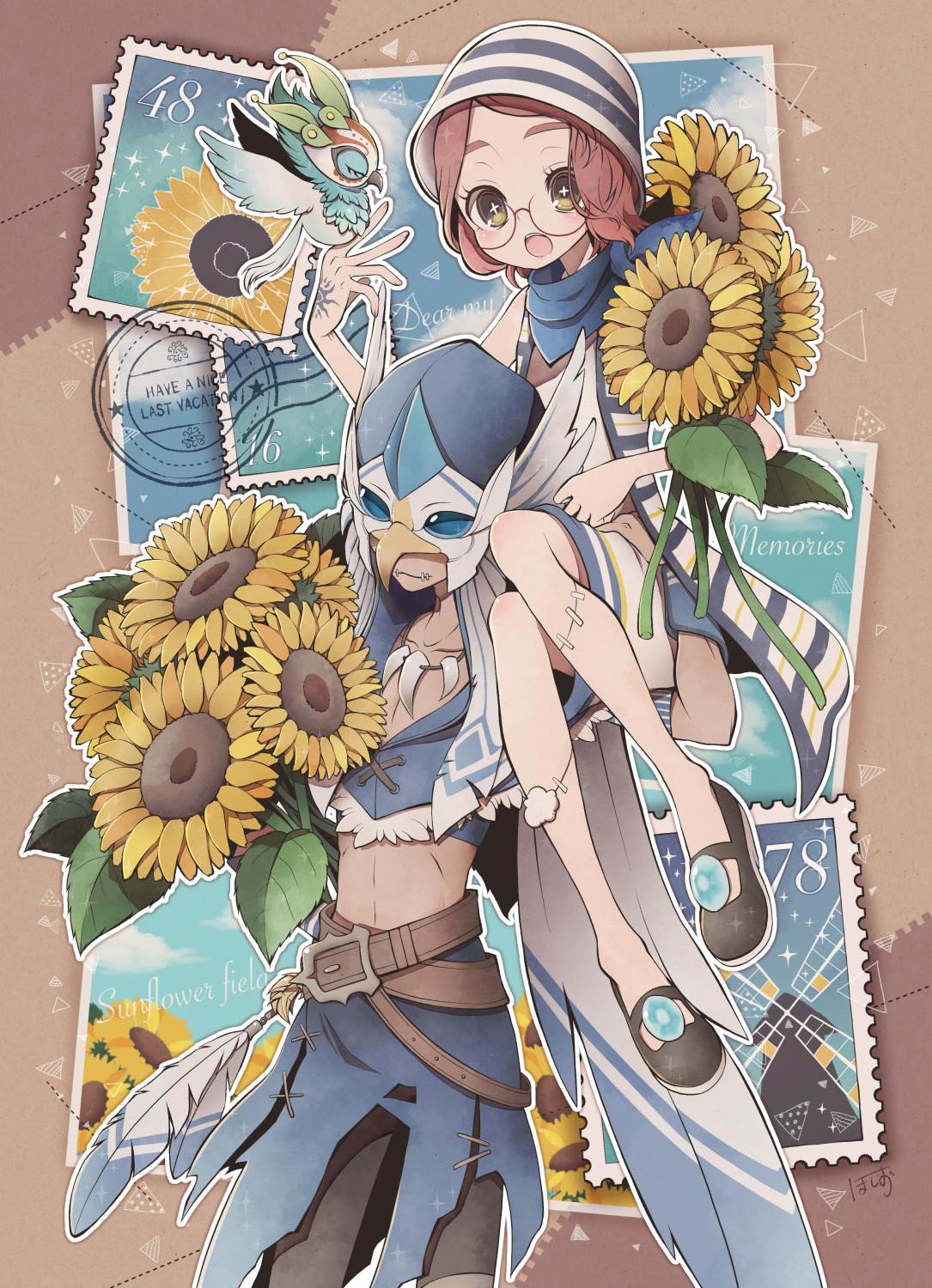 yunoichi-hoshiduki, helena adams, naib subedar, naib subedar (eagle's dance), identity v, commentary request, highres, 1boy, 1girl, abs, alternate costume, belt, bird, bird mask, brown eyes, cardigan, carrying over shoulder, cloche hat, couple, crop top, cross-shaped pupils, dress, eye mask, flower, hat, hetero, jewelry, mary janes, mask, multiple belts, necklace, official alternate color, open mouth, red hair, shoes, smile, striped cardigan, sunflower, symbol-shaped pupils, tooth necklace, white dress