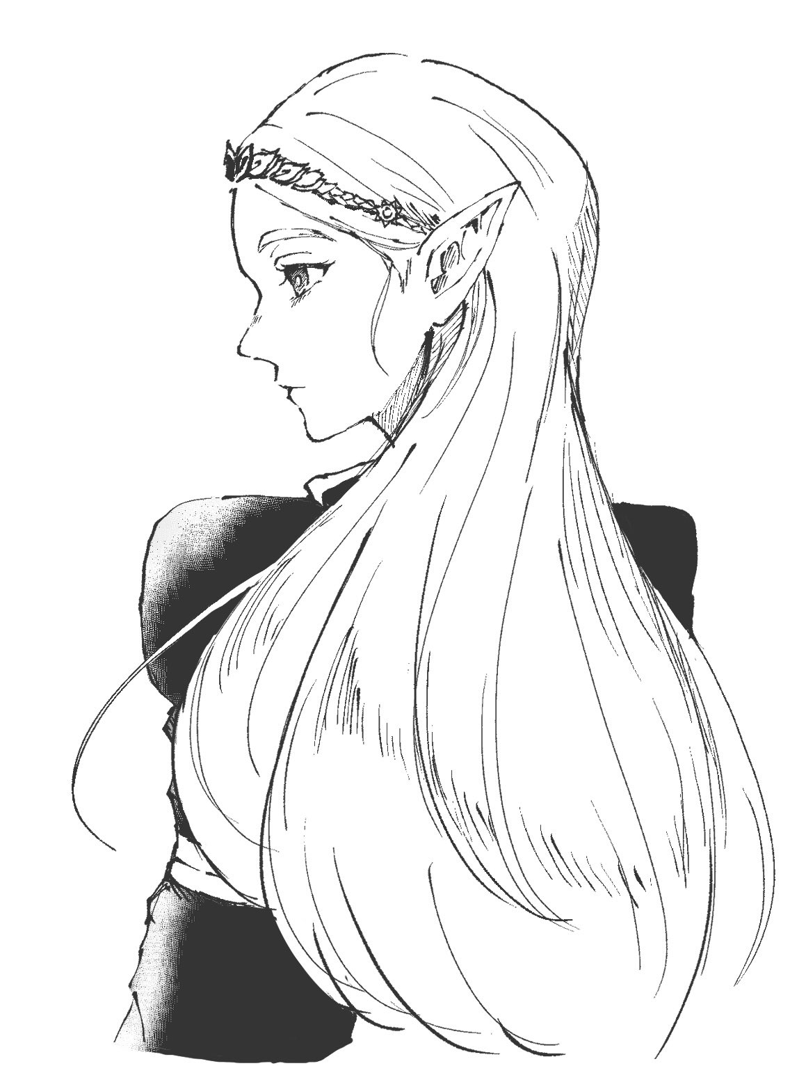 princess zelda, nintendo, the legend of zelda, the legend of zelda: breath of the wild, commentary request, highres, 1girl, closed mouth, greyscale, hair behind ear, juliet sleeves, long hair, long sleeves, monochrome, nikohakaeritai, official alternate costume, parted bangs, pointy ears, profile, puffy sleeves, royal guard set (zelda), sidelocks, simple background, solo, tiara, upper body, white background