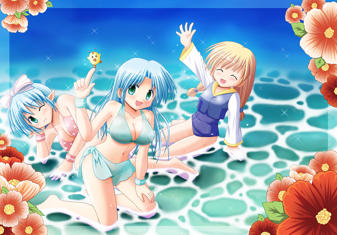 minami shinju, 3girls, barefoot, bikini, blonde hair, blue hair, closed eyes, flower, green eyes, hood, hoodie, kneeling, lying, multiple girls, on side, one-piece swimsuit, pointy ears, school swimsuit, submerged, swimsuit, twintails, water, wink