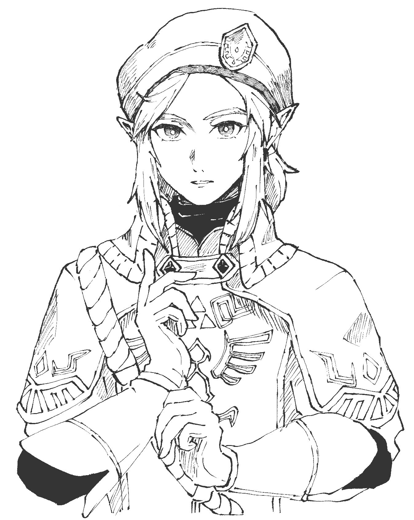 link, nintendo, the legend of zelda, the legend of zelda: breath of the wild, commentary request, highres, 1boy, beret, gloves, greyscale, hat, looking at viewer, male focus, medium hair, military hat, military uniform, monochrome, nikohakaeritai, official alternate costume, parted bangs, parted lips, pointy ears, royal guard set (zelda), sidelocks, solo, swept bangs, triforce, upper body, white background