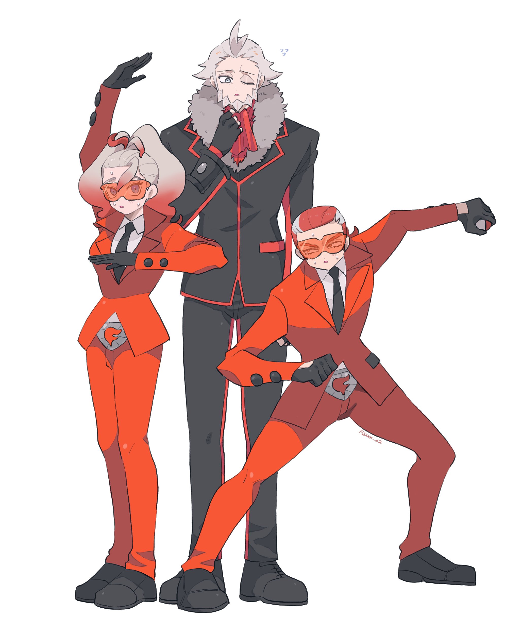 fsxxx 67, griselle (pokemon), grisham (pokemon), lysandre (pokemon), nintendo, pokemon, pokemon legends: z-a, absurdres, commentary request, highres, 1girl, 2boys, black coat, coat, formal clothes, glasses, holding, holding poke ball, multiple boys, poke ball, red hair, red suit, suit, sunglasses, team flare, white hair