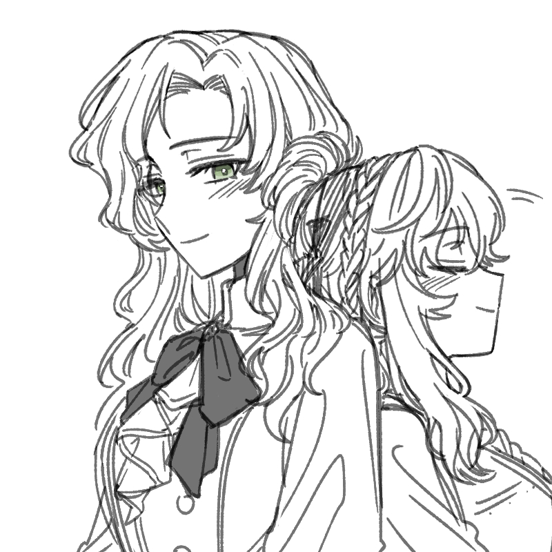 ioi 33333, lopera (reverse:1999), moldir (reverse:1999), reverse:1999, commentary request, korean commentary, 2girls, adoptive siblings, ascot, back-to-back, bow, bowtie, closed eyes, closed mouth, greyscale, jacket, leaning on person, lineart, monochrome, multiple girls, ponytail, profile, siblings, sisters, smile, spot color, upper body, white background