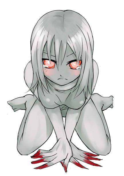 witch (left4dead), left 4 dead, left 4 dead 1, artist request, jpeg artifacts, 1girl, barefoot, blood, blush, claws, colored skin, feet, female focus, frown, grey hair, grey skin, legs, long hair, looking at viewer, looking up, red eyes, simple background, sitting, solo, tears, wariza, white background, zombie