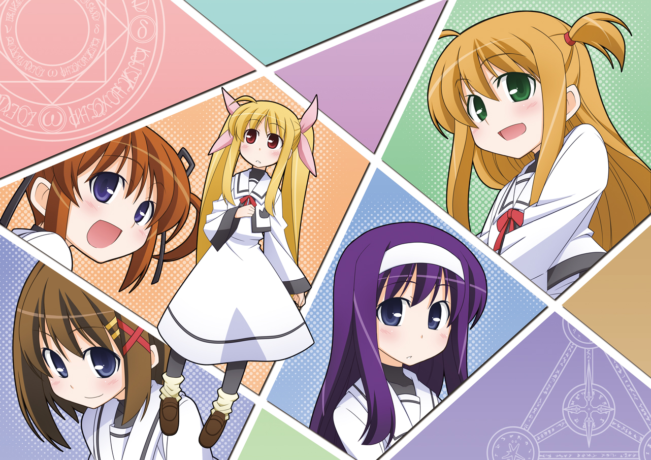 souto, arisa bunnings, fate testarossa, takamachi nanoha, tsukimura suzuka, yagami hayate, lyrical nanoha, mahou shoujo lyrical nanoha, bad id, bad pixiv id, 00s, 5girls, blonde hair, blue eyes, brown hair, green eyes, hair ribbon, hairband, long hair, multiple girls, pantyhose, purple eyes, purple hair, red eyes, ribbon, short hair, twintails