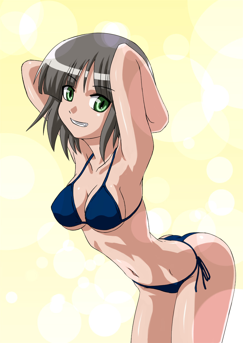 minazuki honoo, aizawa sakuya, hayate no gotoku!, 00s, 1girl, armpits, arms behind head, bikini, blue bikini, breasts, cleavage, female focus, green eyes, grey hair, grin, large breasts, leaning forward, navel, short hair, side-tie bikini bottom, smile, solo, swimsuit, yellow background