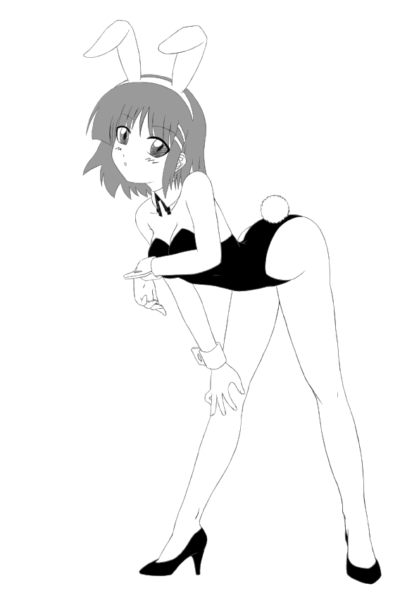 minazuki honoo, aizawa sakuya, hayate no gotoku!, bad id, bad pixiv id, 00s, 1girl, animal ears, bare legs, bent over, fake animal ears, female focus, greyscale, high heels, monochrome, playboy bunny, rabbit ears, shoes, short hair, solo