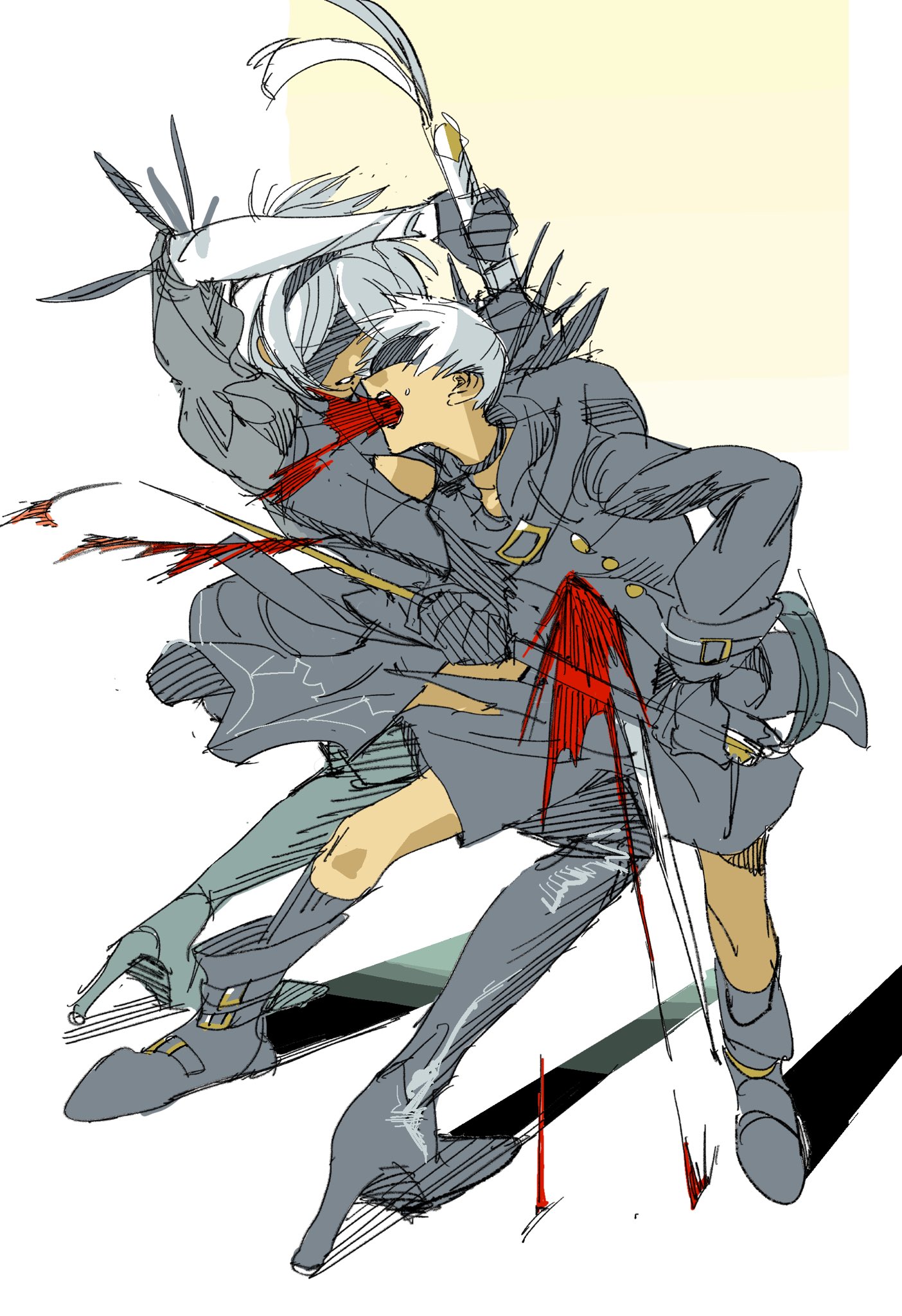 pure to ma, 2b (nier:automata), 9s (nier:automata), nier:automata, nier (series), highres, 1boy, 1girl, attack, black boots, black choker, black dress, black gloves, black jacket, black shorts, black socks, black visor, blindfold, blood, blood from mouth, boots, choker, dress, feather trim, full body, gloves, high heel boots, high heels, holding, holding sword, holding weapon, jacket, parted lips, short hair, shorts, socks, stab, sweatdrop, sword, weapon, white background, white hair