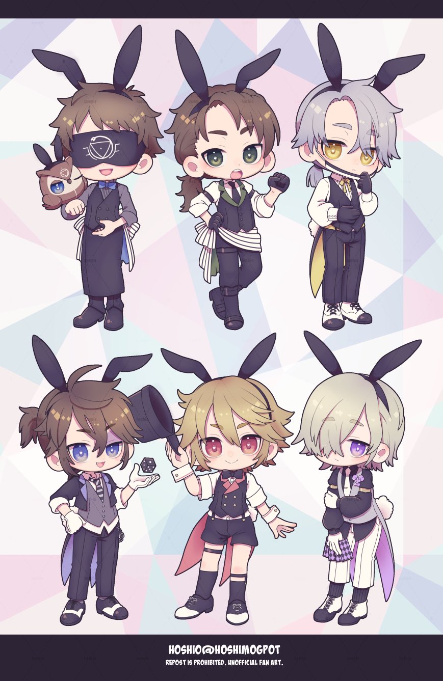 yunoichi-hoshiduki, aesop carl, andrew kreiss, eli clark, luca balsa, naib subedar, victor grantz, identity v, commentary request, highres, 6+boys, ahoge, alternate costume, animal ear hairband, animal ears, apron, bird, black gloves, black jacket, black pants, black shirt, black shorts, black socks, blindfold, blonde hair, blue eyes, brown hair, chibi, chibi only, fake animal ears, formal clothes, gloves, green eyes, grey hair, hair intakes, hair over one eye, hairband, hand on own hip, jacket, kneehighs, legwear garter, looking at viewer, male focus, male playboy bunny, multiple boys, necktie, owl, oxfords, pants, pink eyes, ponytail, purple eyes, rabbit ear hairband, rabbit ears, rabbit tail, shirt, shorts, side part, single legwear garter, sleeves rolled up, socks, striped clothes, striped socks, suit, tail, thigh strap, vertical-striped clothes, vertical-striped socks, waist apron, white gloves, white necktie, white pants, yellow eyes