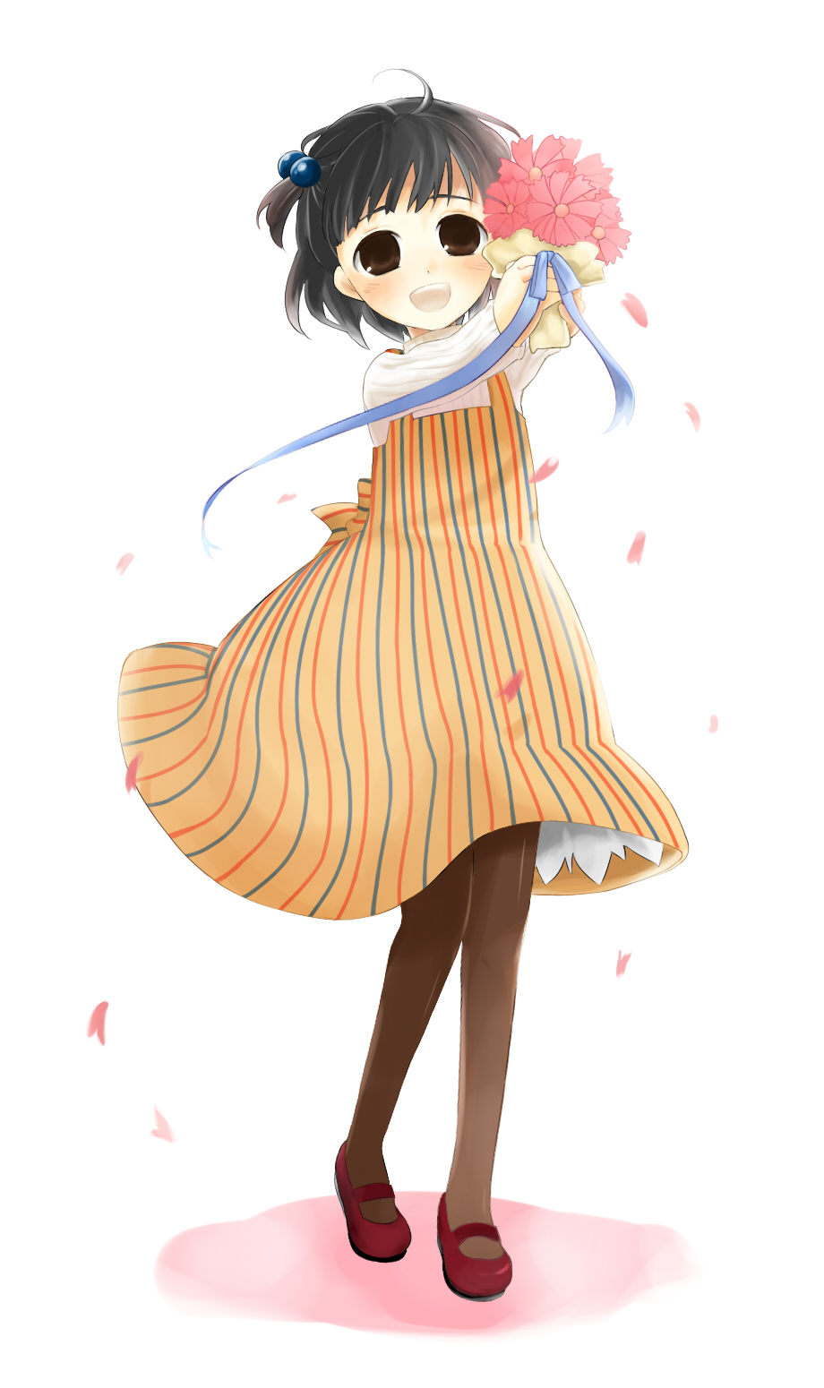 jikunyaga, bad id, bad pixiv id, highres, black hair, brown eyes, child, flower, hair bobbles, hair ornament, mary janes, pantyhose, shoes, short hair, solo