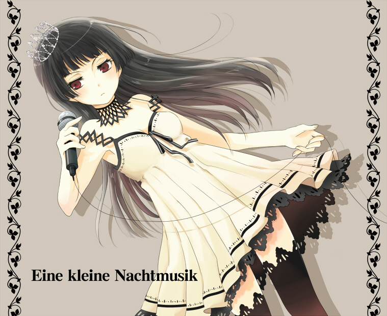 jikunyaga, bad id, bad pixiv id, translated, bare shoulders, black hair, dress, german text, long hair, microphone, red eyes, solo, thighhighs, tiara, zettai ryouiki